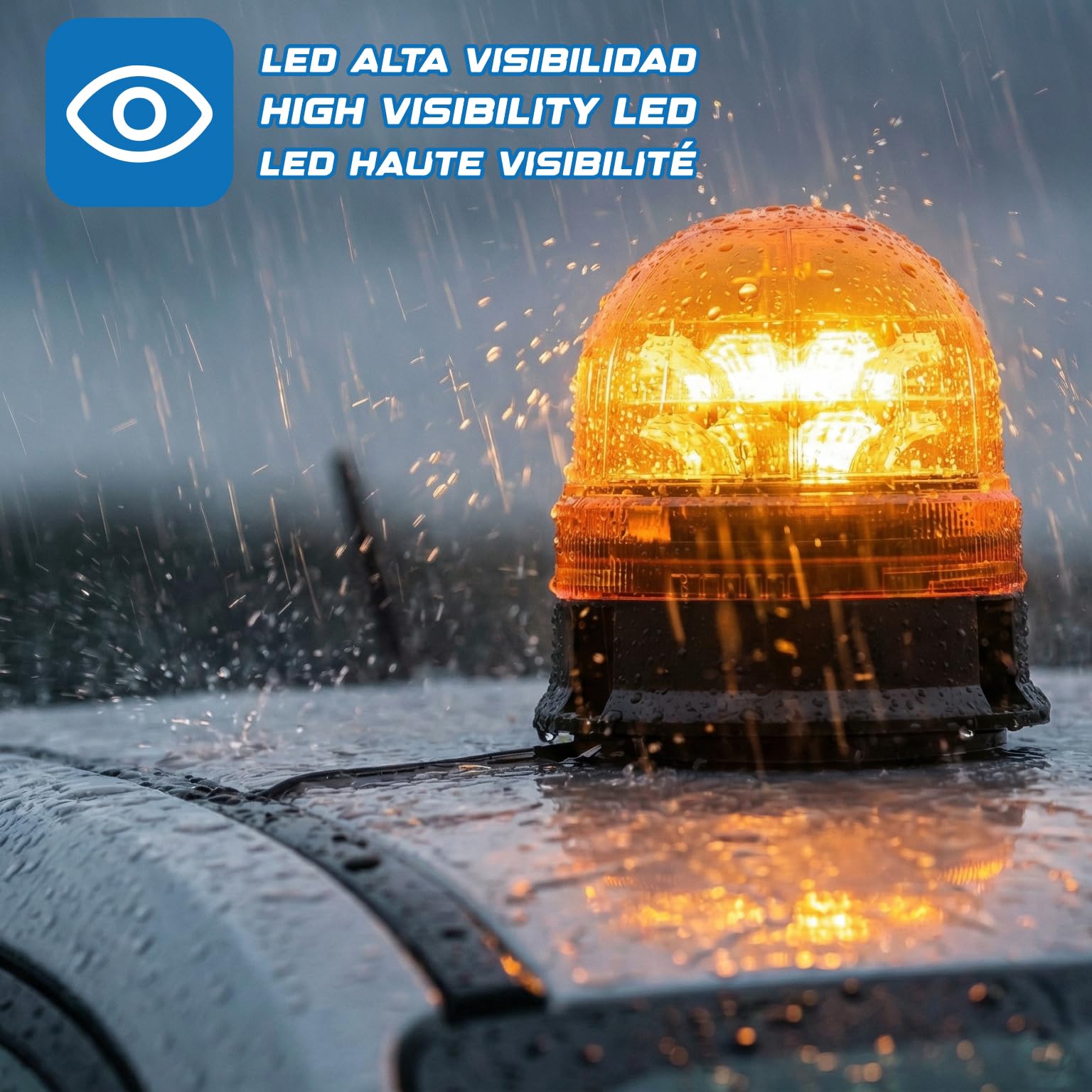 Rotativo Ambra LED R65 Segnalazione Avvertimento 12/24V - Omologato R65, 3 Funzioni Flash Rotazione Lampeggiante, Pirulo Trattore, Luce Emergenza Veicoli Agricoli, Base Magnete
