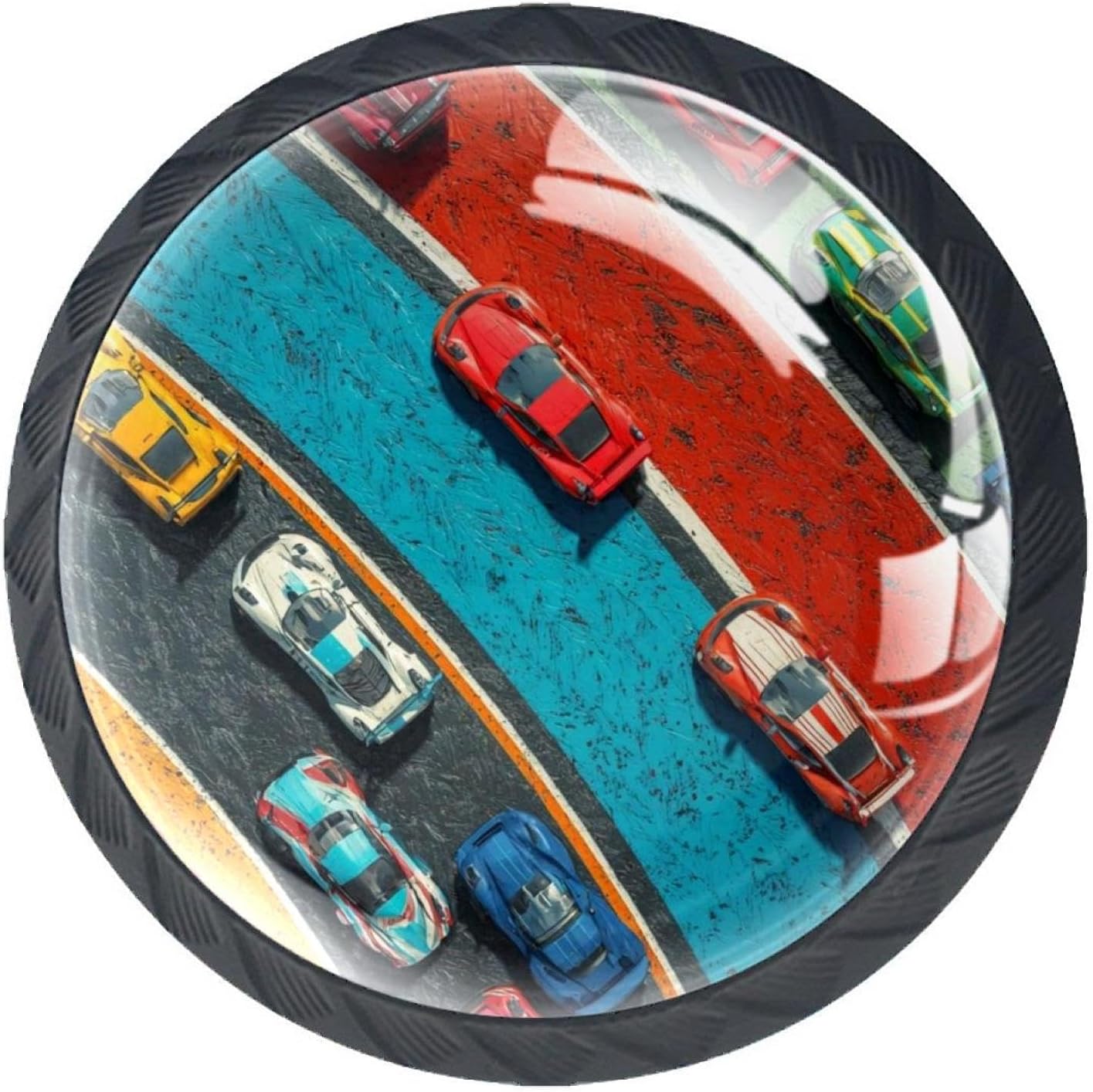 4 pcs Race Cars with Colorful Racing Track Pat (3) Cabinet Knobs PBT Drawer Pulls for Kitchen, Bathroom Cabinet, Dresser and Cupboard