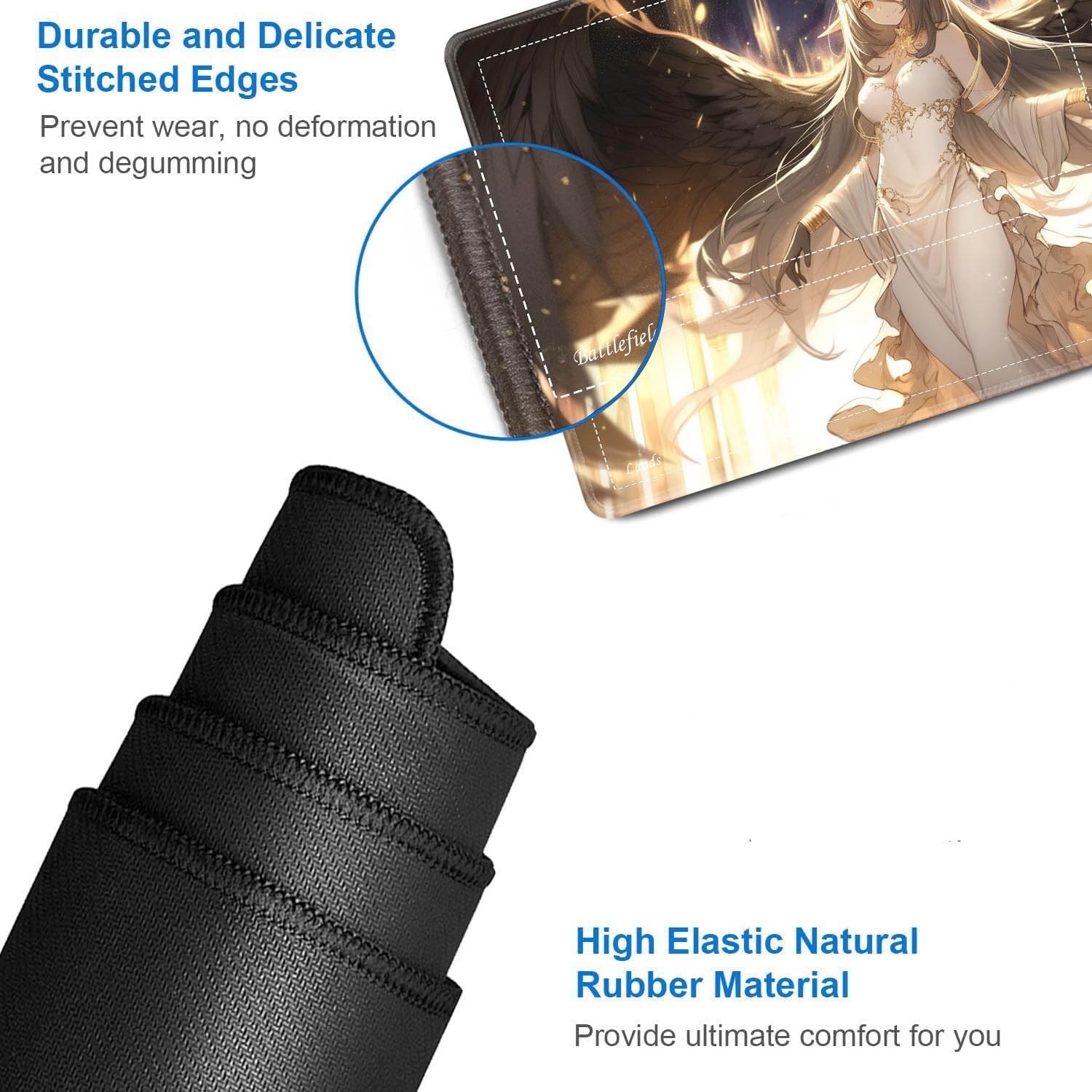 JVGFYNKL for TCG Playmat, Playmat with Zones, 24x14 in Non-Slip Rubber for MTG Playmat with Drawstring Travel Pouch and 6 Dice, Anime Female Angel for MTG Mat, Card Game Playmats