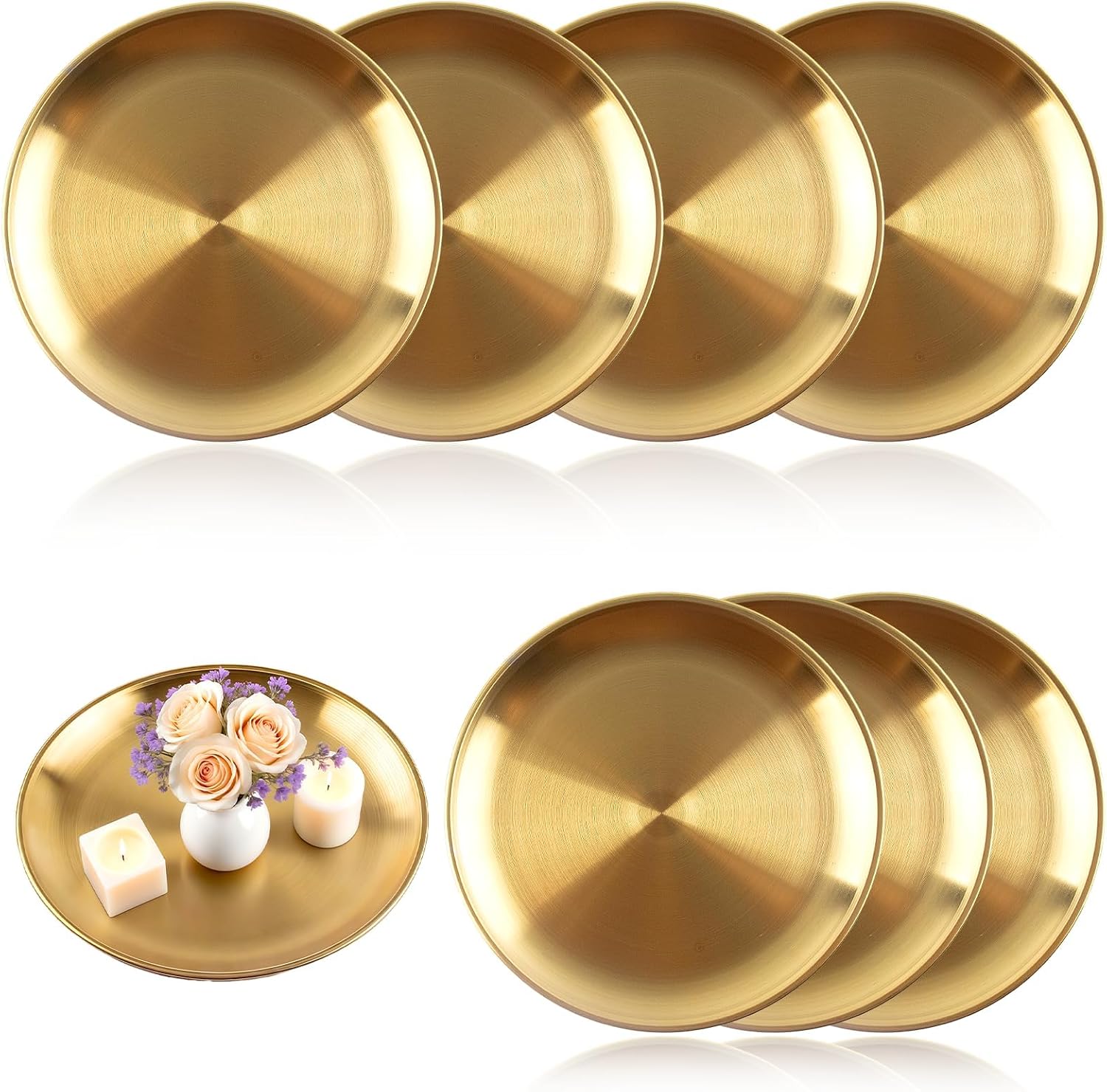 8 Pcs Gold Round Tray - Decorative Serving Bar Dish Key Bowl Mirror Dresser Vanity Tray for Jewelry Makeup Organizer, Bathroom, Candle, Perfume, Countertop (9 Inch)