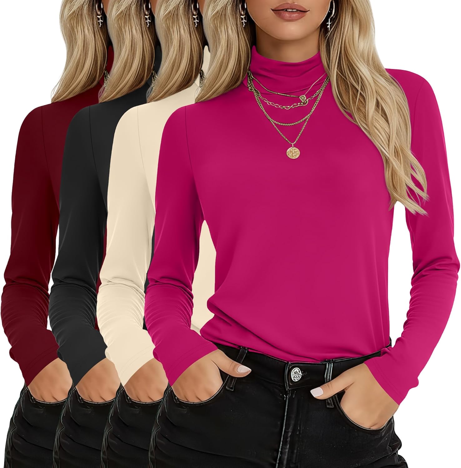 4 Pack Women's Turtleneck Cotton Long Sleeve Tops Casual Loose Fit Shirts Basic Tun...