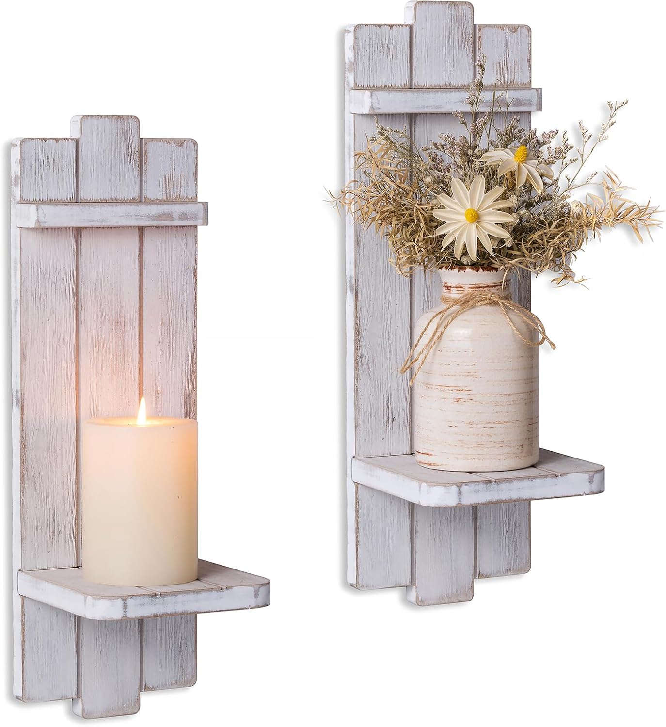 Wall Candle Sconces Set of Two: Rustic Wood Candle Holder Wall Decor - Distressed White Wall Mounted Candles Sconce for Bedroom Living Room Bathroom 15.7in x 5.1in Distressed White