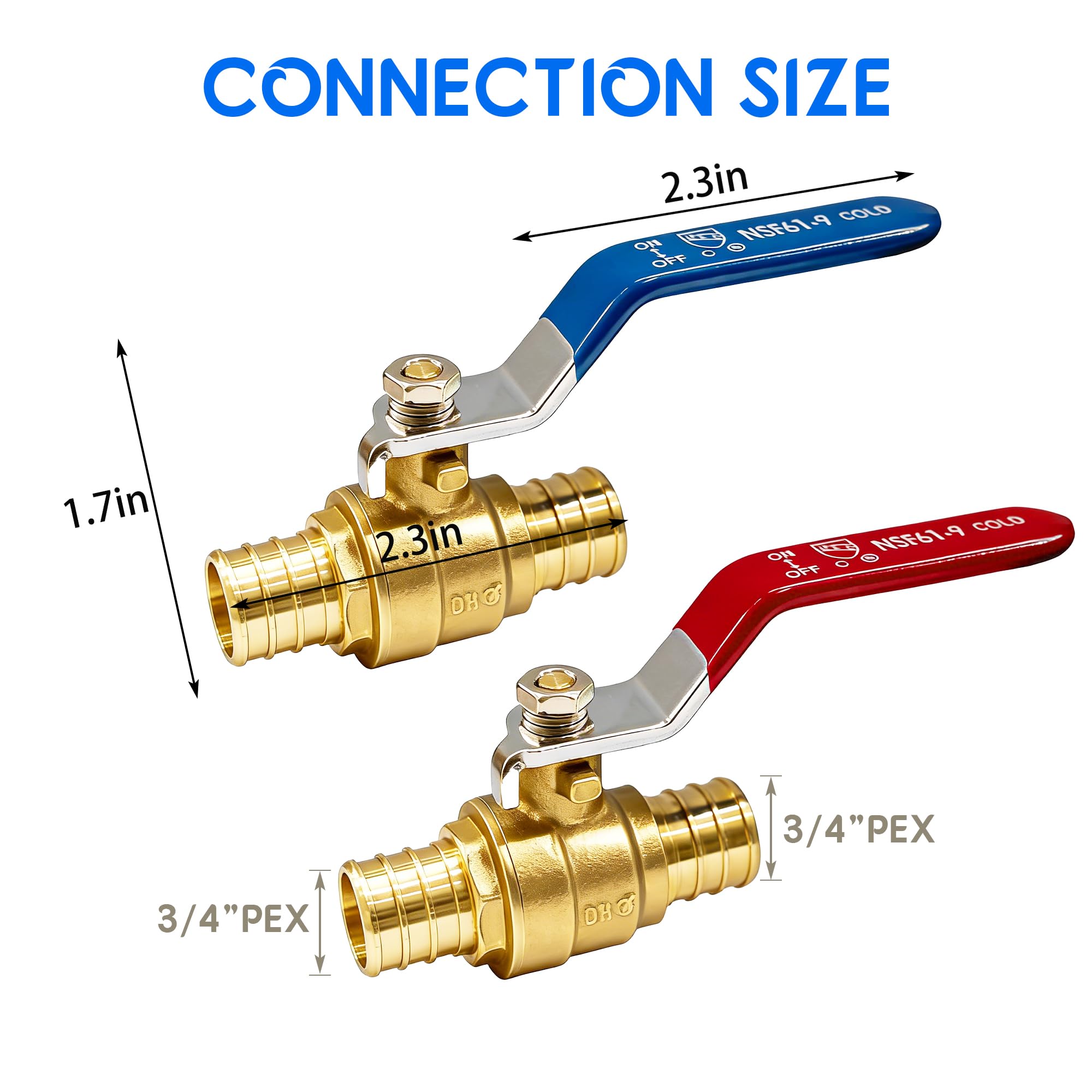 Hourleey 10 válvulas de bola de latón Pex de 3/4 pulgadas con puerto completo caliente y frío, cuarto de vuelta caliente (rojo) frío (azul) de latón con parada de agua, 1 pieza cada una