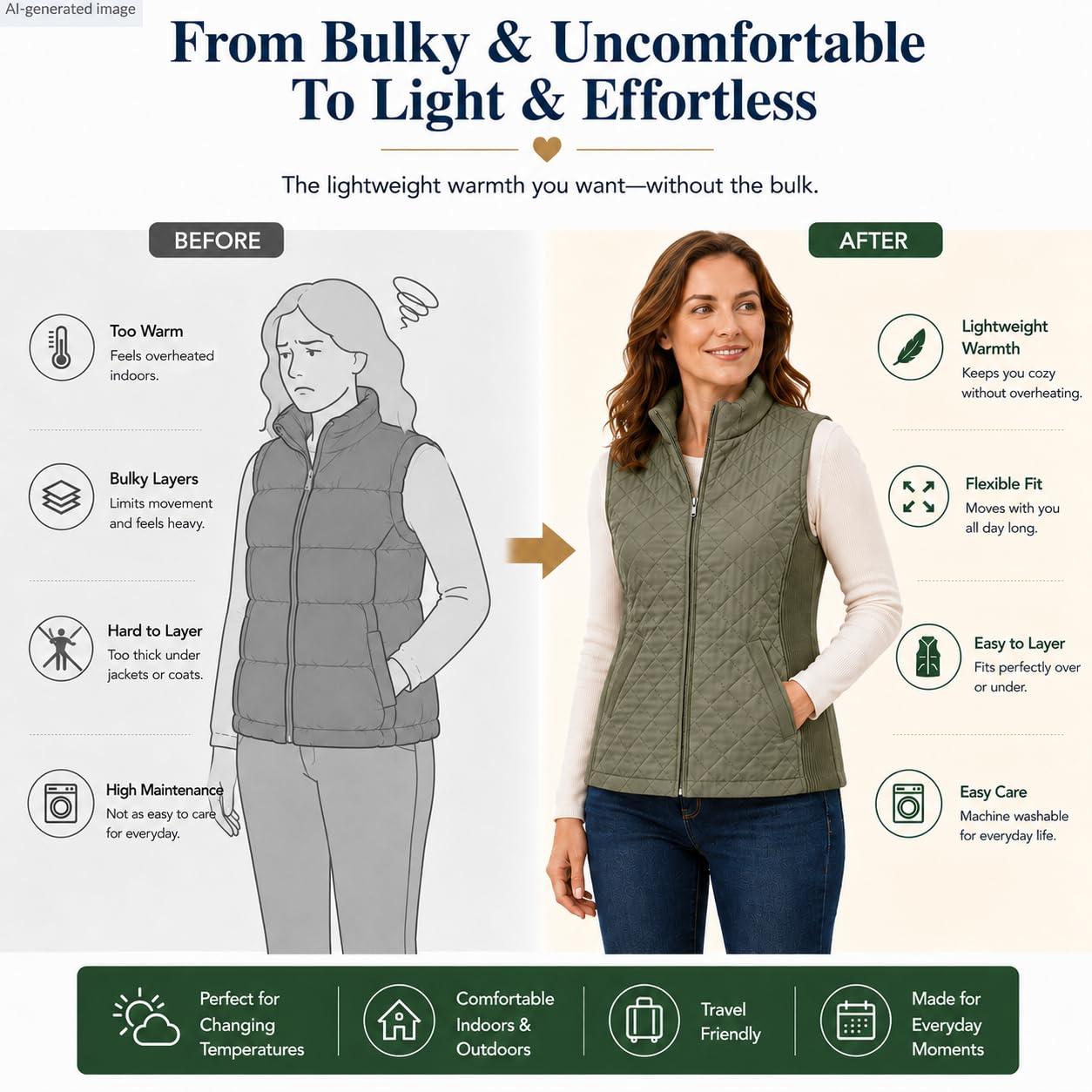 Bienzoe Femmes Slim Casual Zip Matelassé Sans manches Gilet Léger Stretch Rib