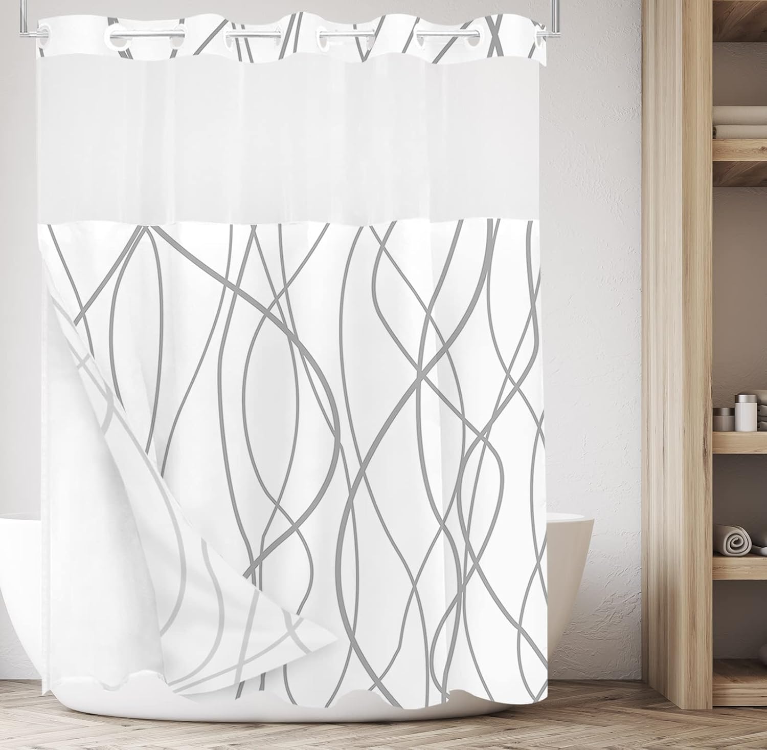 Tititex No Hooks Snap in Liner Abstract Curve Lines White Grey Shower Curtain, Hotel Luxury Double Layers No Hooks Waterproof Fabric & See-Through Top Window Bathroom Decorative 71x71 Inch