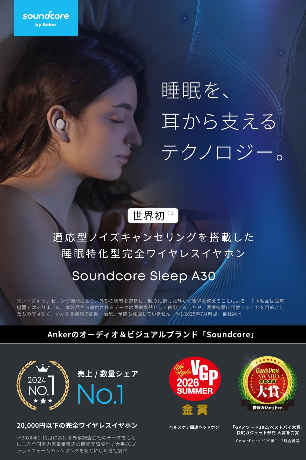 Anker Soundcore Sleep A30 ワイヤレスイヤホン Bluetooth 5.3