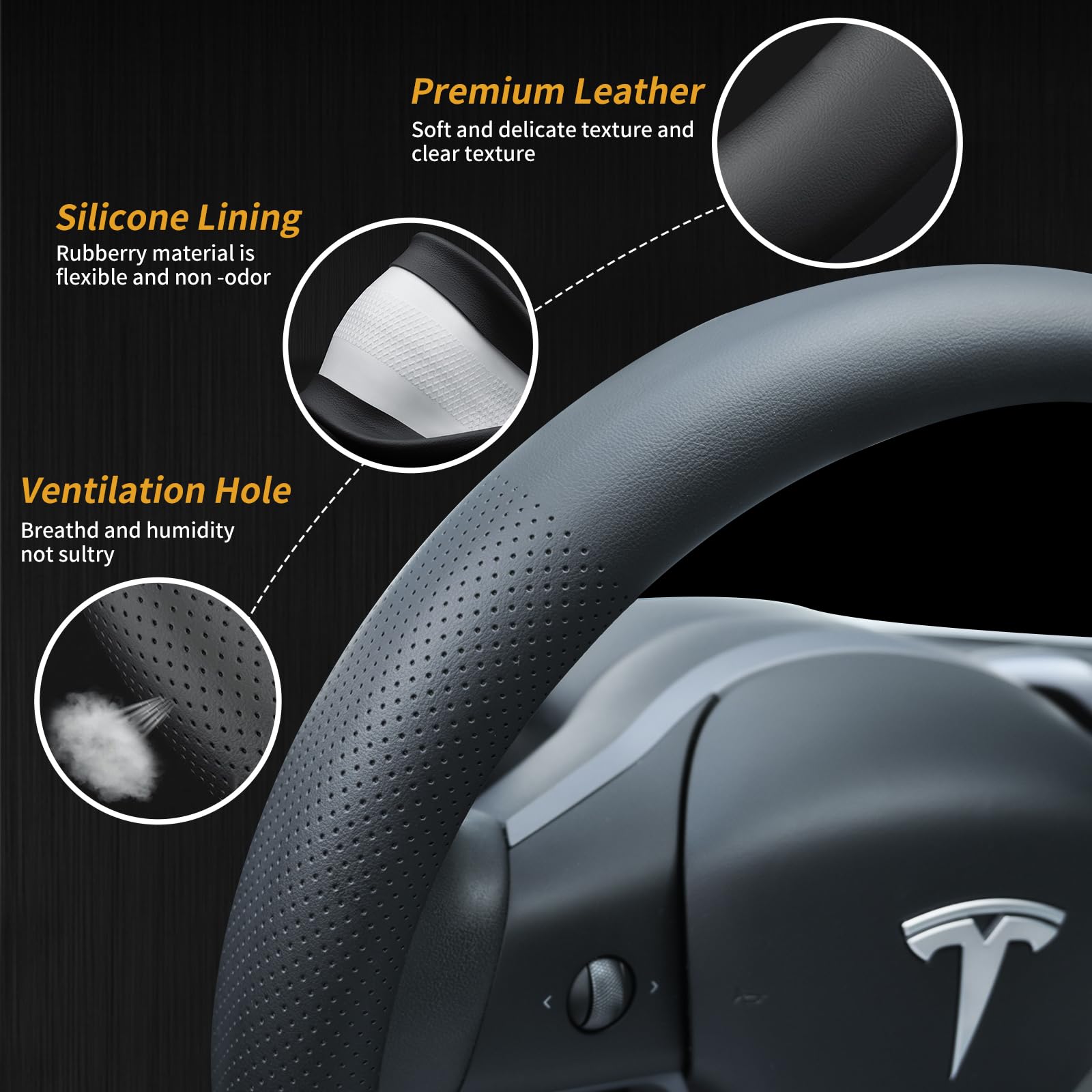 Nappa Leather Steering Wheel Cover for Tesla Model 3/Y 2016-2025 2026 Juniper/Highland, Non-Slip Breathable Tesla Model 3/Y Steering Wheel Protector, Black