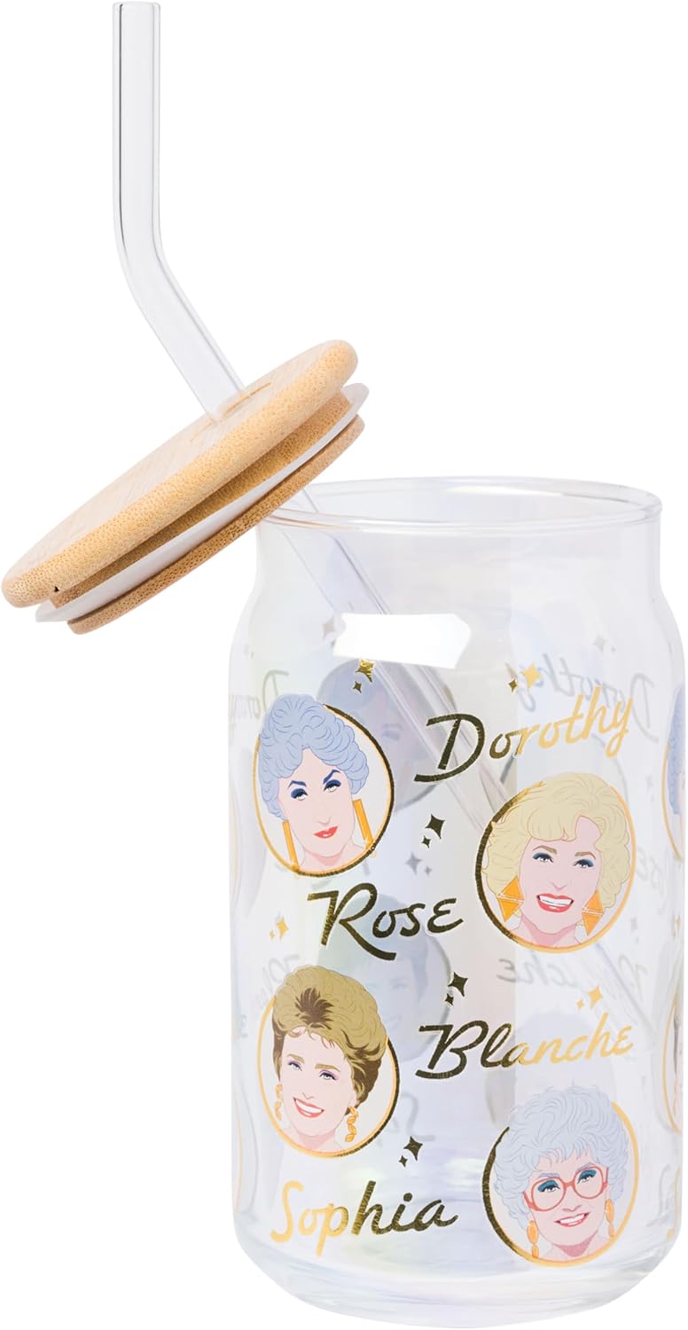 Silver Buffalo Golden Girls 40th Anniversary Featuring Blanche, Dorothy, Rose, and Sophia Iridescent Gold Glass Jar Tumbler with Bamboo Lid and Glass Straw, 16 Ounces - Image 3