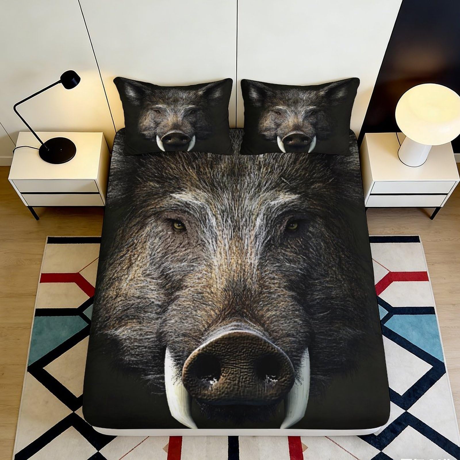3D Printed Wild Boar Fitted Sheet Microfiber Anti-Slip Mattress Cover for Bedroom Dorm Decor, Animal Pattern, Easy Care 90x200x25cm