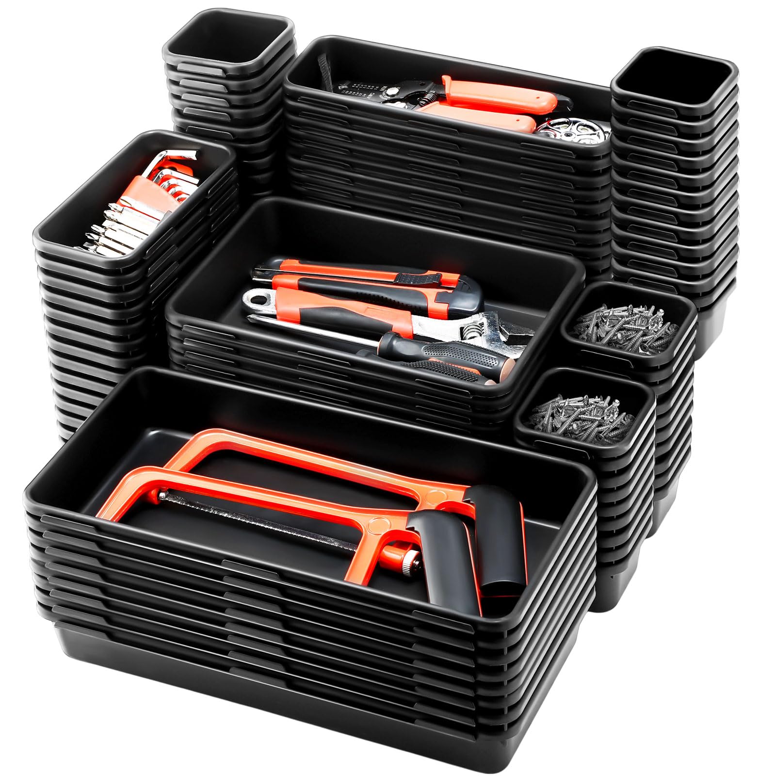 Funnymoom 100 Pack Tool Box Organizer and Storage Tool Drawer Organizer Tray Divider 5 Sizes Garage Organization and Storage Black Plastic Tray Bins for Home Office Supplies