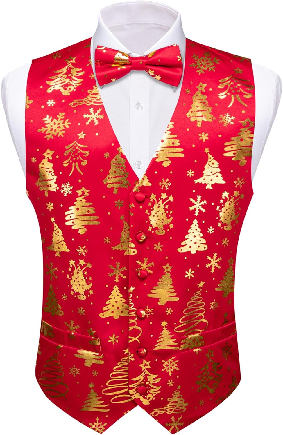Barry.Wang Mens Christmas Vest Red Green Xmas Tree Snowman Snowflake Festival Suit Waistcoat Bow Tie Set Holiday