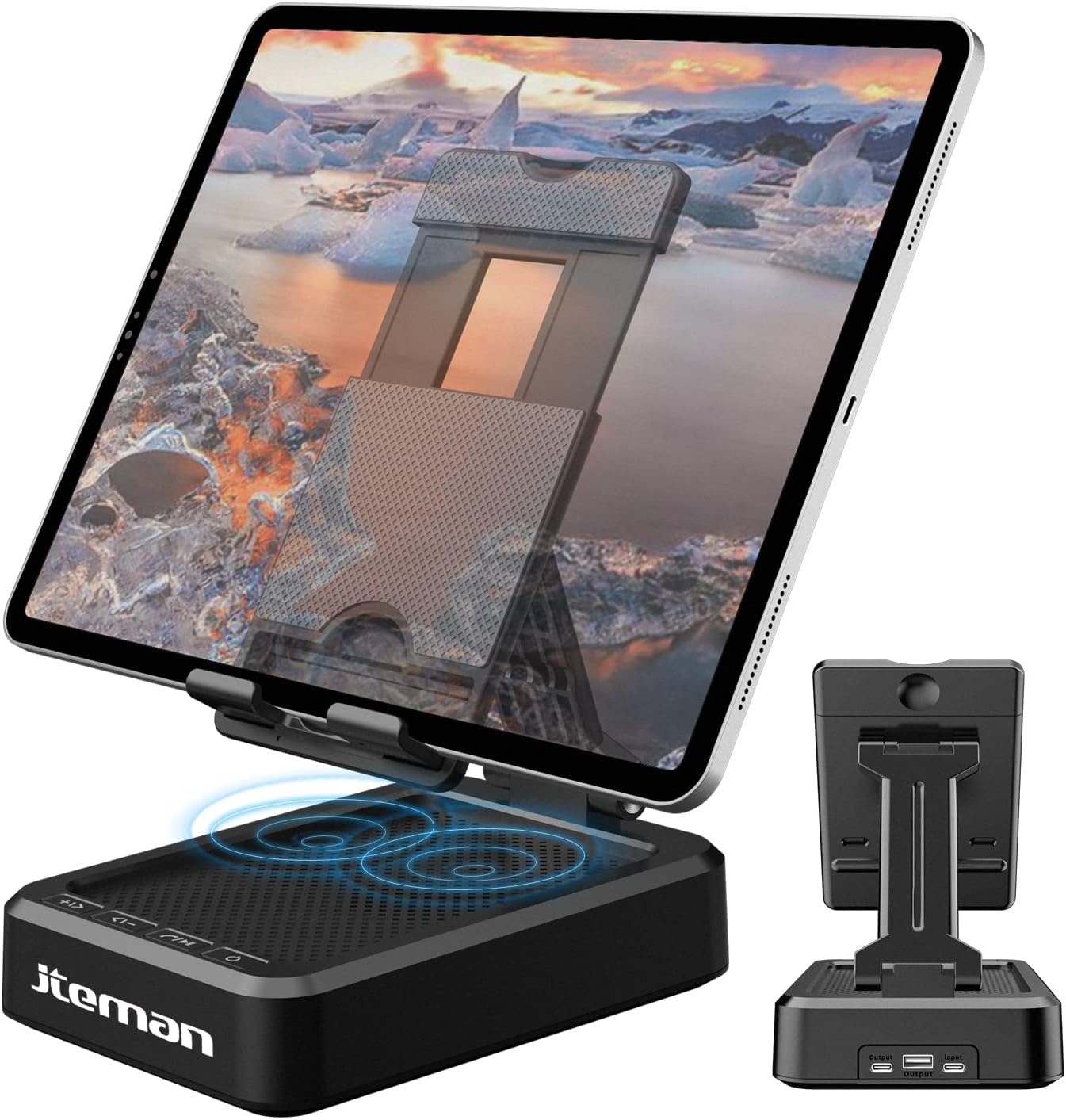 JTEMAN Tablet Stand Adjustable with Bluetooth Speakers,Kitchen Gadgets,Gifts for Women Men,Wireless Bluetooth Speaker Tablet Holder,Desk Mic Charging Sation Compatible with Phones and Tablet