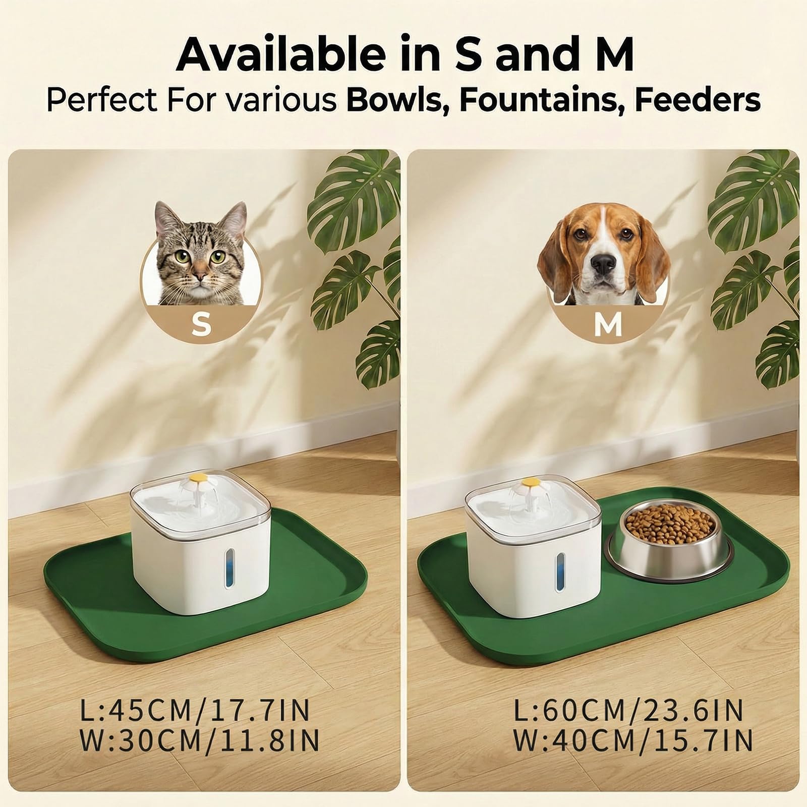 BLESWIN Tappetino impermeabile in silicone per alimentazione animali domestici con bordi rialzati, tappetino per ciotola gatto facile da pulire (Verde scuro, 60×40 cm)