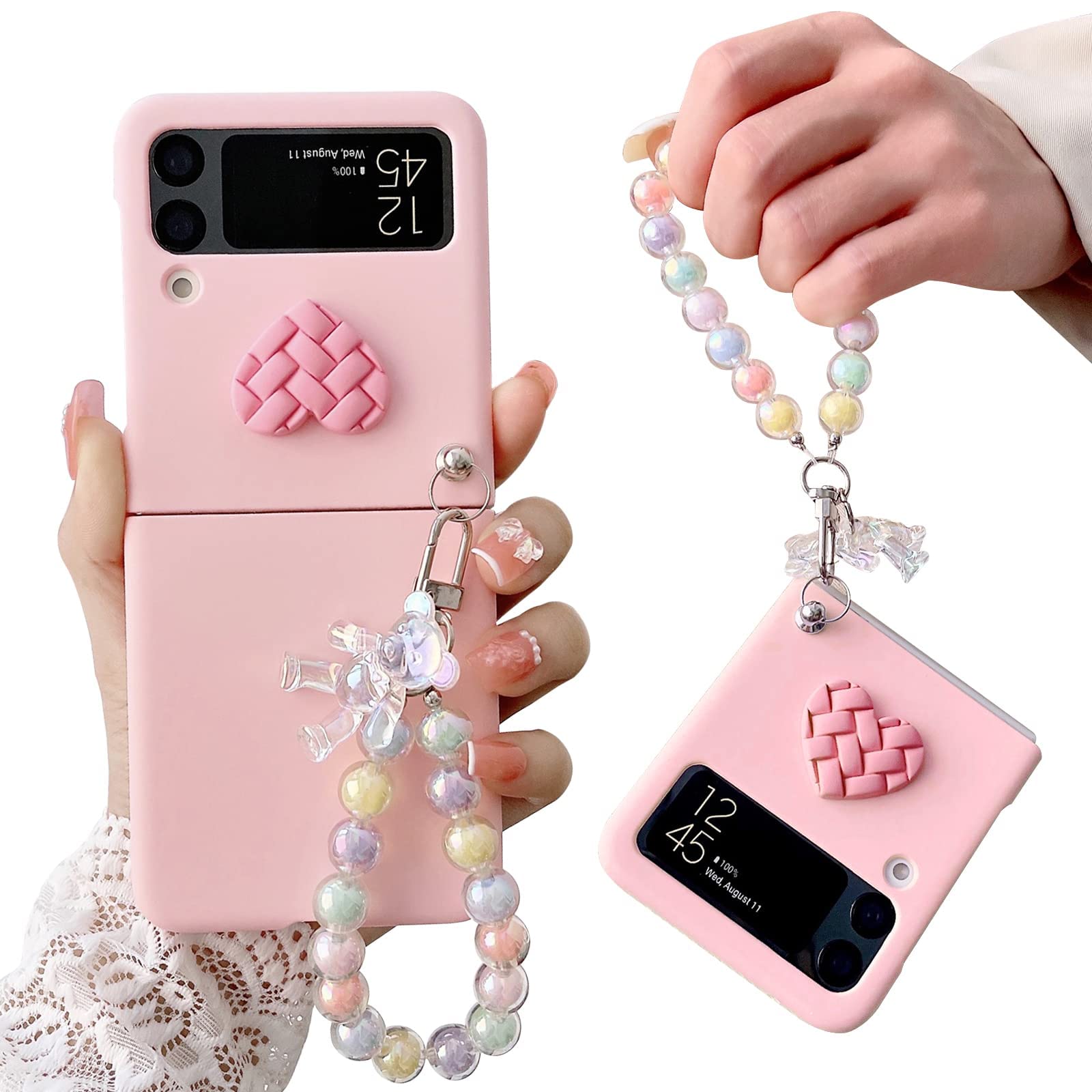 Samsung Galaxy Z Flip 4 Case With Strap - Hard PC Protective Cover With Heart Bear Design, Anti-Scratch, Anti-Fingerprint for Z Flip 4 Phone - Pink