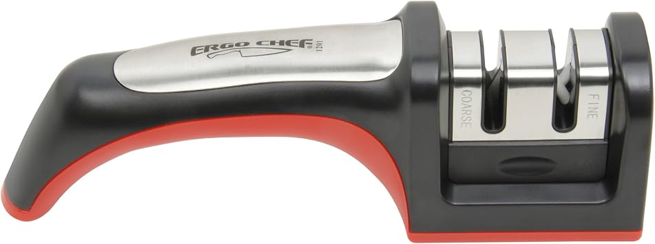 Ergo Chef Fastedge 2 Stage Knife Sharpener, Tabletop Kitchen Knife Sharpener, Tungsten Carbide and Ceramic Inserts, Red