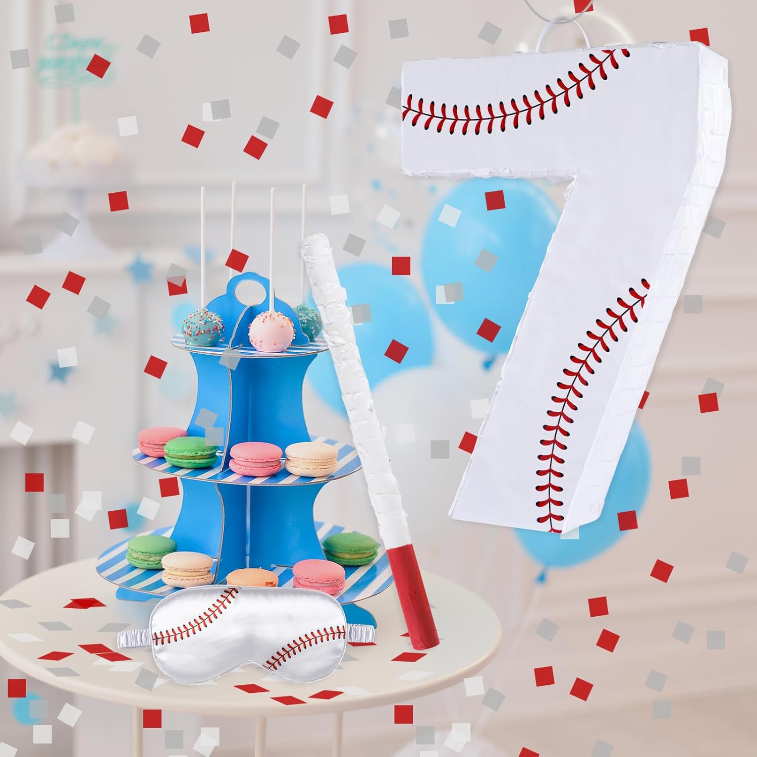 Baseball Birthday Decorations, Baseball Number 7 Piñata with Blindfold Stick Blindfold Confetti for Baseball Pinata Sports Theme 7th Birthday Party Supplies (7TH)