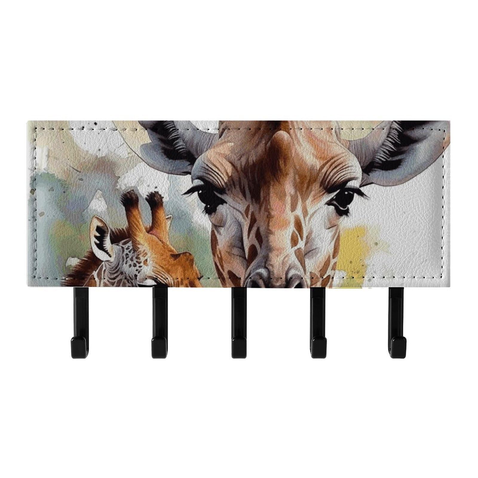 QMNLKH Watercolor Deer Giraffe Wall Mounted Key Rack for Home, No Drilling Key Holder with 5 Hooks, Self Adhesive Keys Chain Organizer for Hallway, Keys Hanger Shelf for Office, Doorway Black