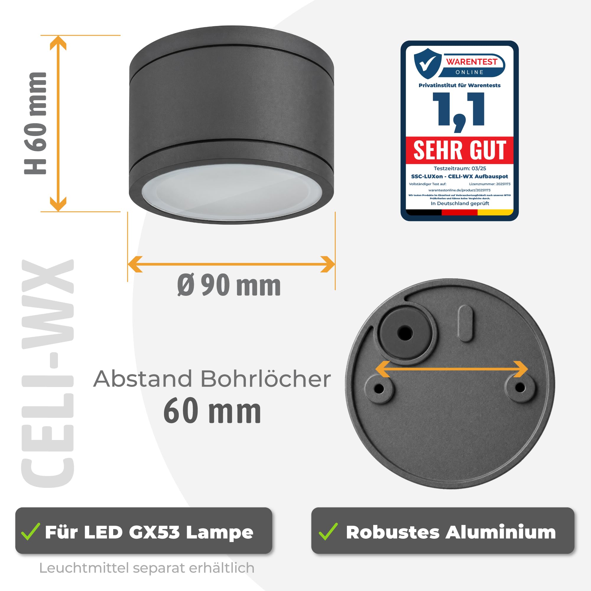 SSC-LUXon 4 Stück CELI-WX Aufbaustrahler flach IP44 Außen & Bad Fassung für 1x GX53 - Aufbauspot anthrazit (ohne Leuchtmittel) | Vier flache Aufbaustrahler anthrazit rund für Bad & Außen - spritzwassergeschützt IP44, GX53 Fassung (ohne Leuchtmittel)