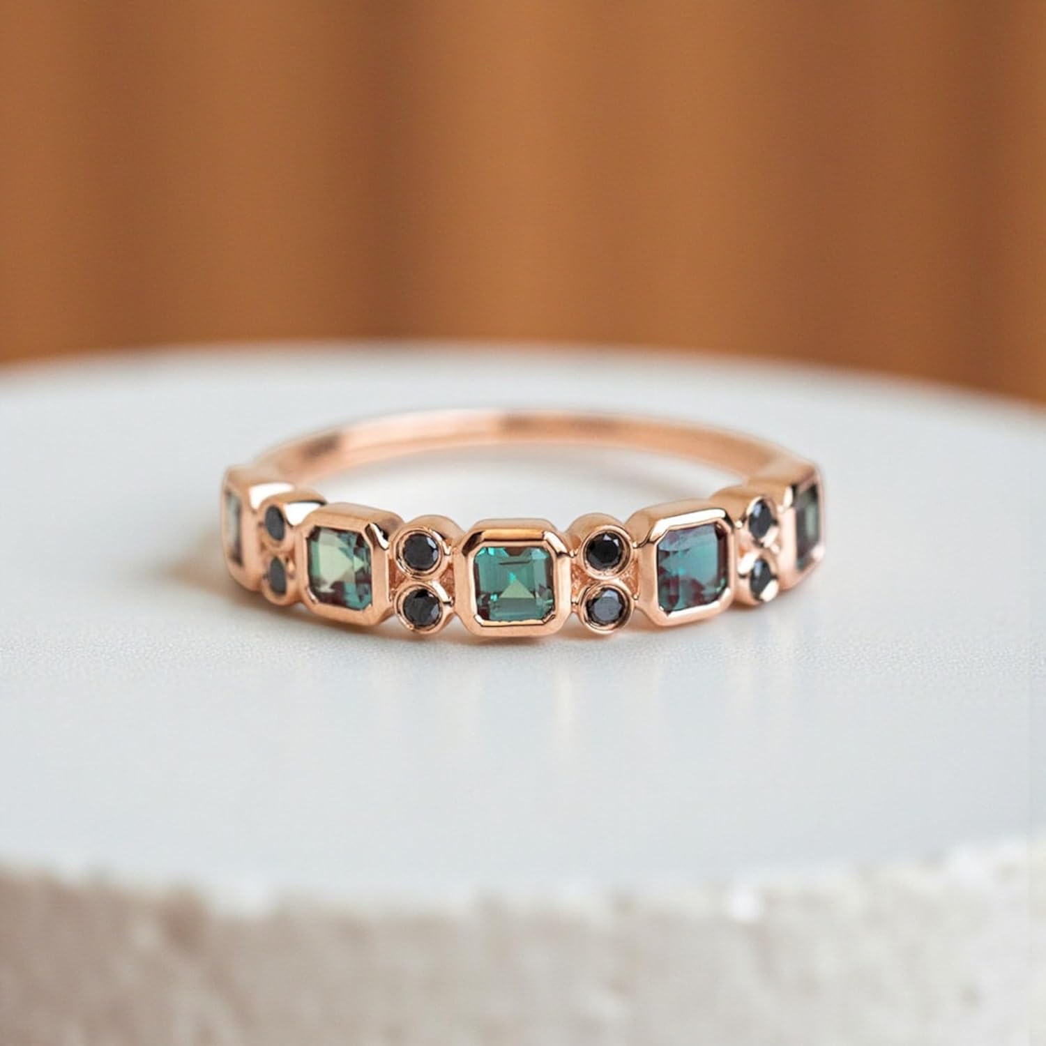 Square Alexandrite Gemstone and Black Diamond Ring 18K Rose Gold Plated Art Deco Band for Women – Vintage Inspired Stacking Wedding Band Fine Jewelry Gift