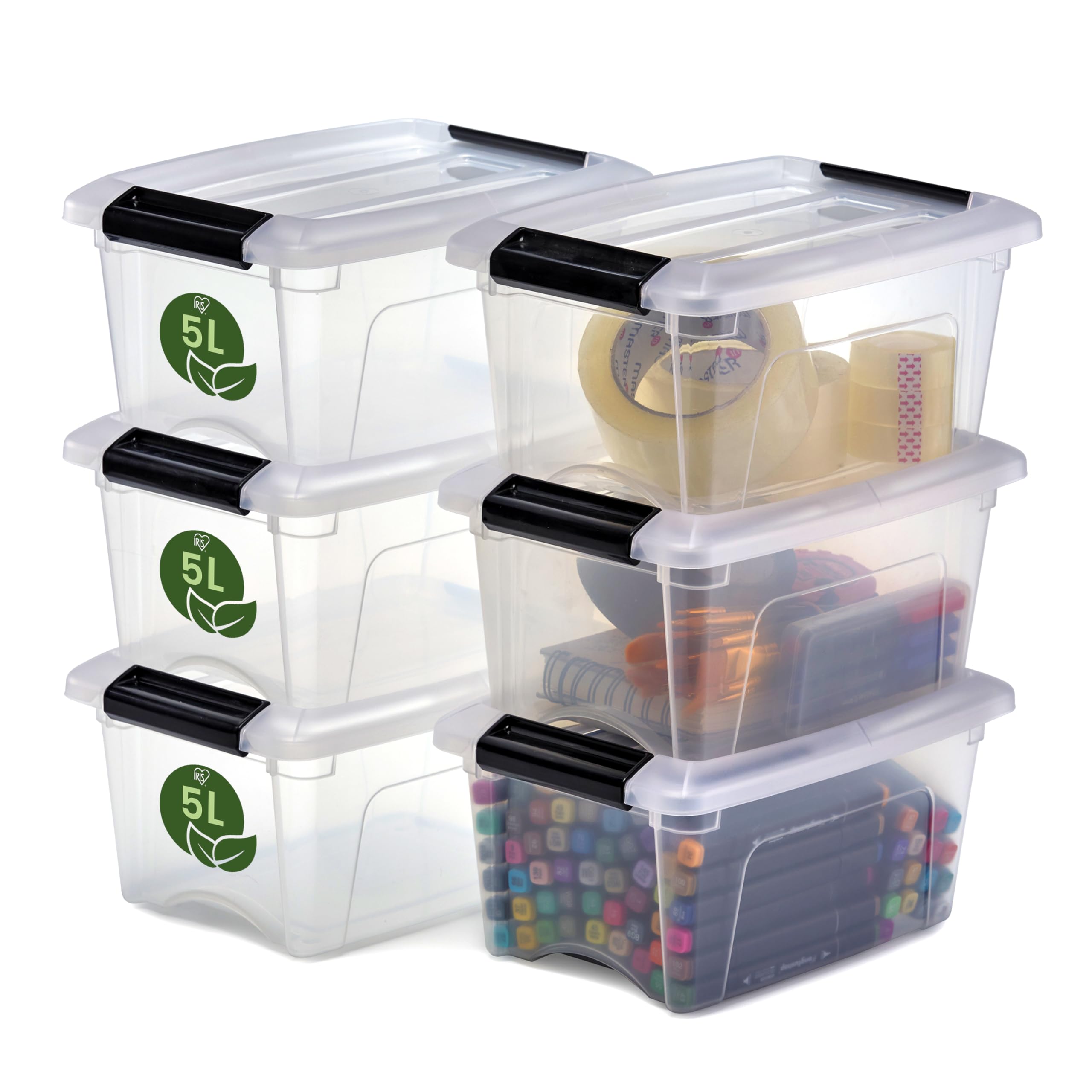 Iris Ohyama, Aufbewahrungsboxen mit Deckel, Kunststoffboxen, Plastikbox, Box mit Deckel, 5L, 6er Pack, Transparent, 100% recycelter Kunststoff, Verschlussclips, Stapelbar, BPA-frei, NTB-5