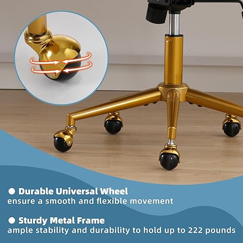 Miniatura 7 de Westice Sillas de escritorio de oficina en casa, moderna silla rodante de terciopelo, silla giratoria de altura ajustable con base dorada, silla