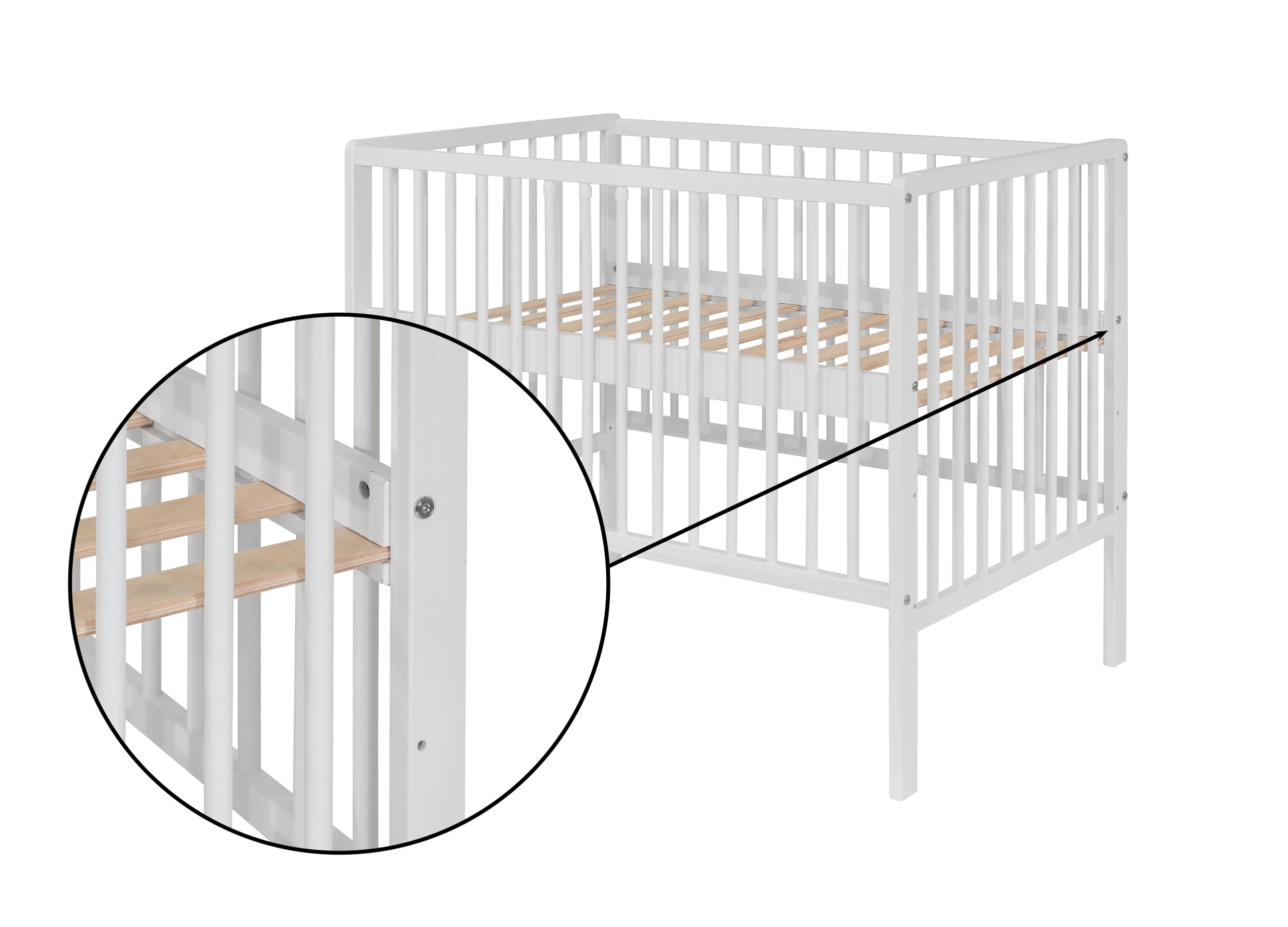 Lit bébé Julia 100x60 cm avec Matelas – Bois Massif hêtre – Sommier réglable 3 Positions – 3 barreaux Amovibles – Conforme en 716 (Blanc)