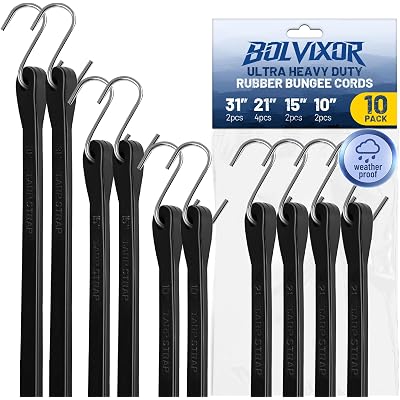Bungee Cords with Hooks (10 Pack) – 10", 15", 21", 31" Heavy Duty EPDM Rubber Tarp Straps, Max Stretch 2X, Load 180+ LBS, Crimped S Hooks for Cargo, Trucks, Camping, Outdoor Use