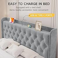 Vista 38 de koorlian Base de cama Queen con cabecero, base de cama tapizada ajustable con puertos tipo C y USB, cabecera de almacenamiento con respaldo de ala