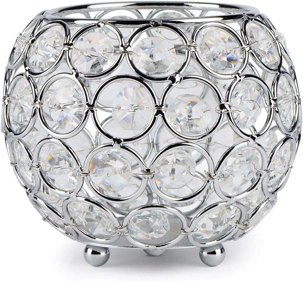 Autai Silver Crystal Candle Holder for Wedding Centerpieces Candlesticks Birthday Party Dining Table Candlelight Home Decoration (Round-Silver)