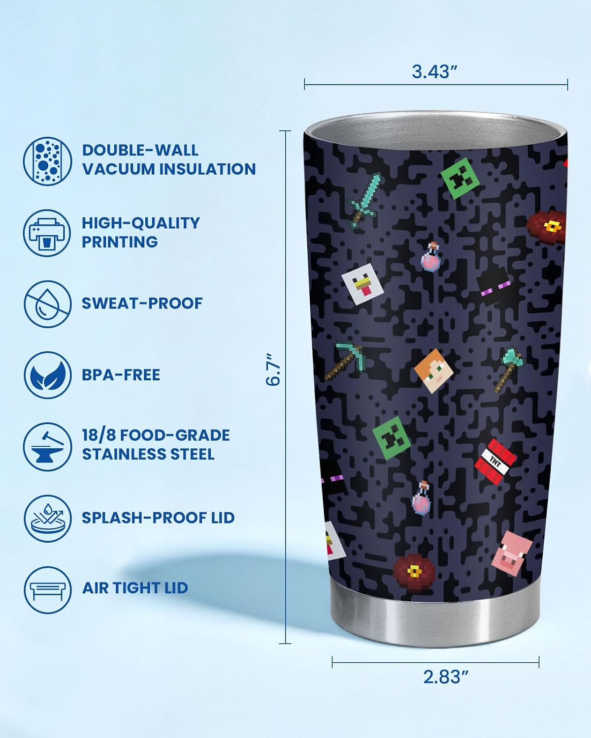 34HD Pixel Gamer 20oz Tumbler with Lid Block Mining Cube Video Game Insulated Stainless Steel Travel Mug Gifts for Women Men Boys Gamer Gift image 2