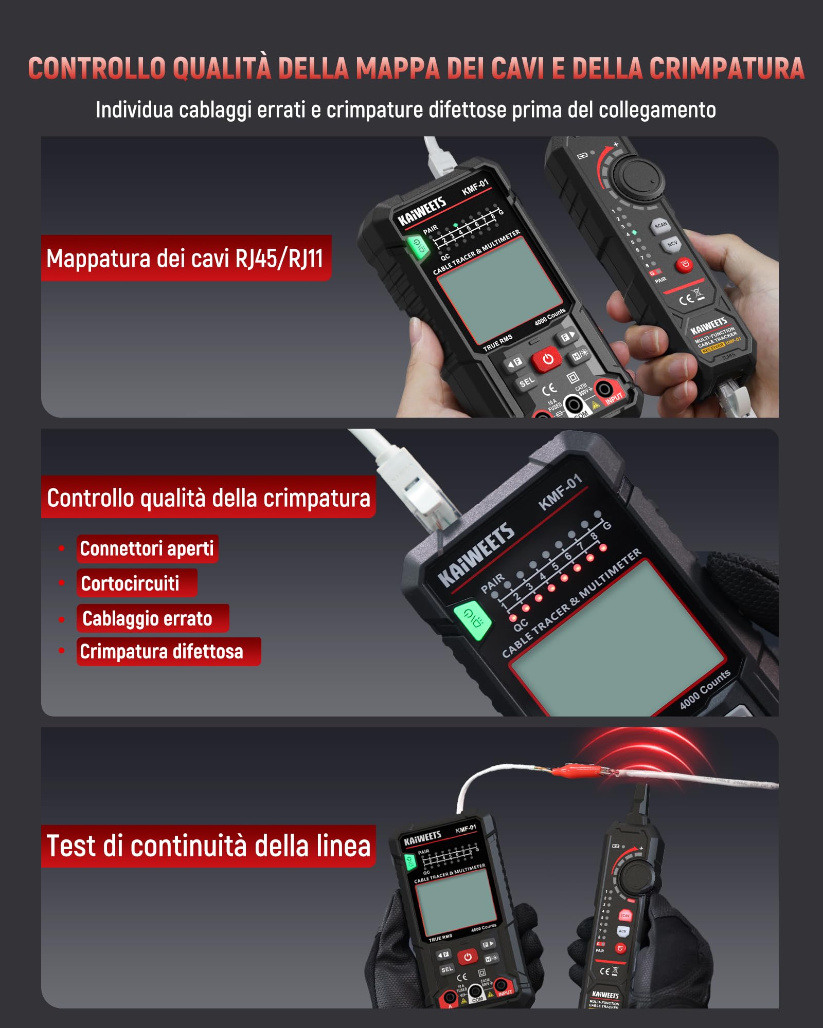 KAIWEETS Multimetro Digitale e Localizzatore di Cavi 3 in 1, Tester a Automatica Della Portata TRMS, Localizzatore di Cavi