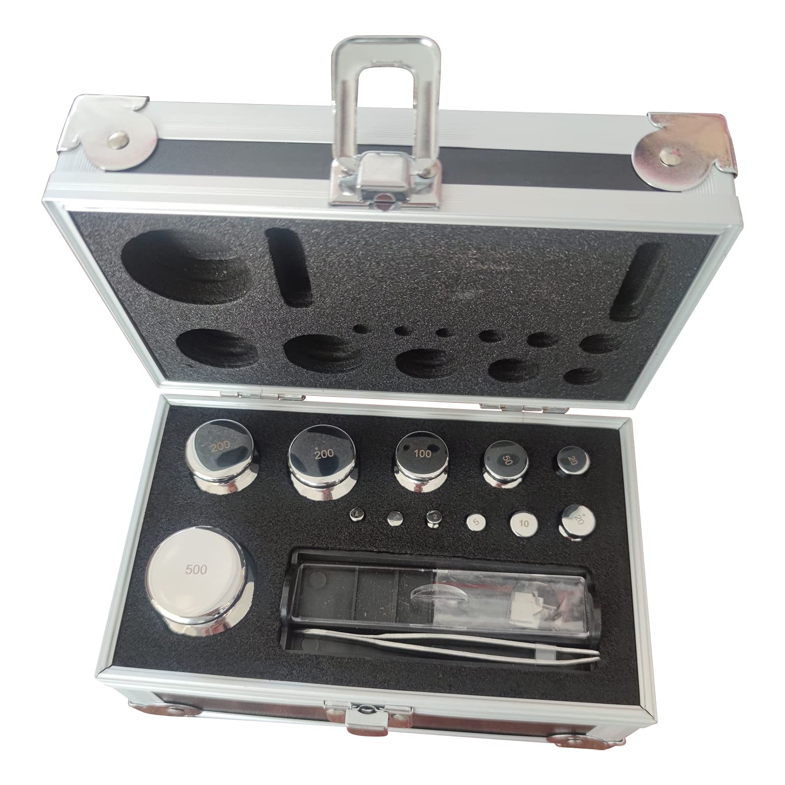 Kit de pesas de calibración de acero inoxidable de grado F1, 1 mg-500 g, 25 pesas, empaquetadas en caja de aleación de aluminio para laboratorio y educación