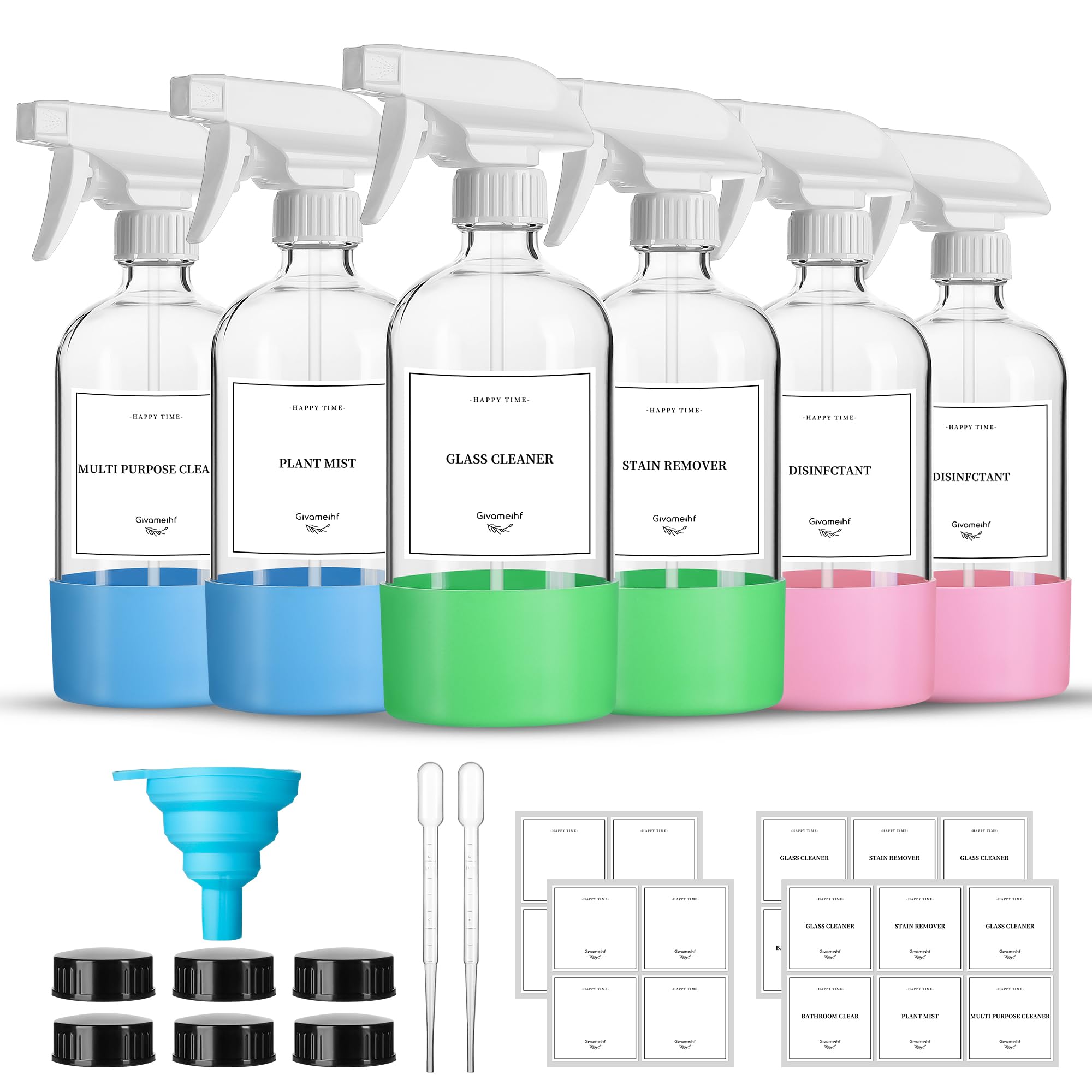GIVAMEIHF Lot de 6 vaporisateurs en verre transparent de 473,6 g - Flacons vaporisateurs vides rechargeables avec buse réglable - Pour huiles essentielles, nettoyage, animaux domestiques, brumisateur