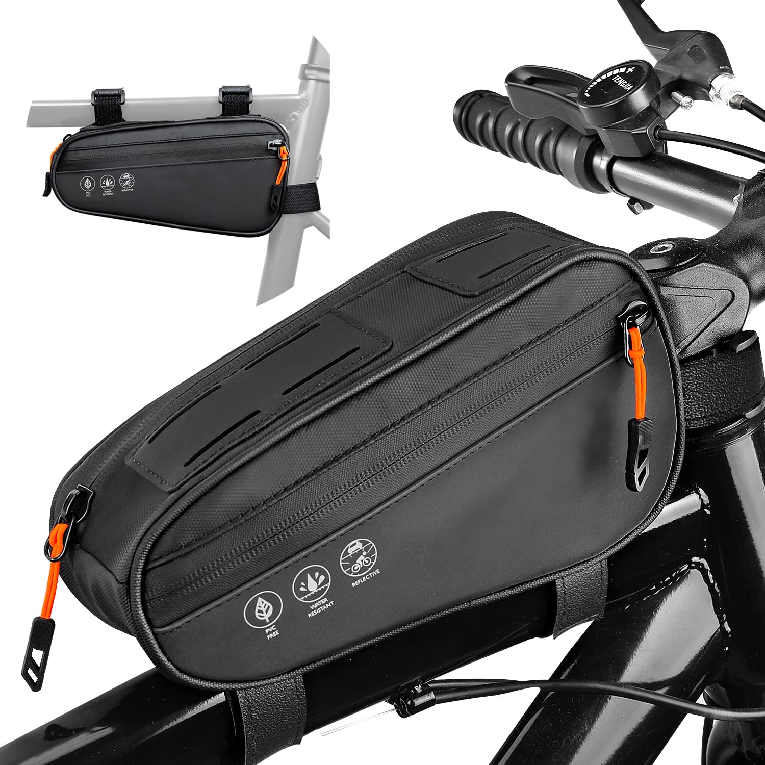 Bike Frame Bag - 3 Ways Installation Water Resistant Reflective Bicycle Top Tube Bag with Two Side Pockets, Ebike Cycling Triangle Bag Pouch Accessories for MTB Road Travel (1.2L)