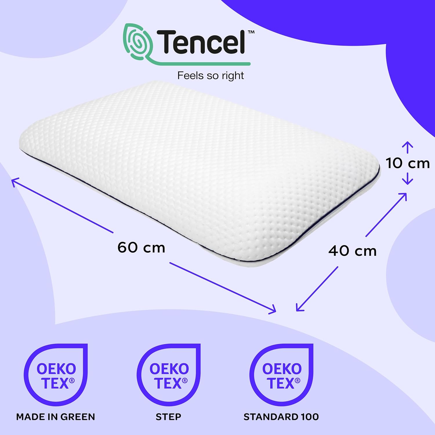 Ergonomic Memory Foam Pillow, 60 x 40 x 12 cm, Breathable and Comfortable Bed Pillow, Optimal Support for Neck, Back and Shoulders – Tencel Fibre – OEKO-TEX Certified