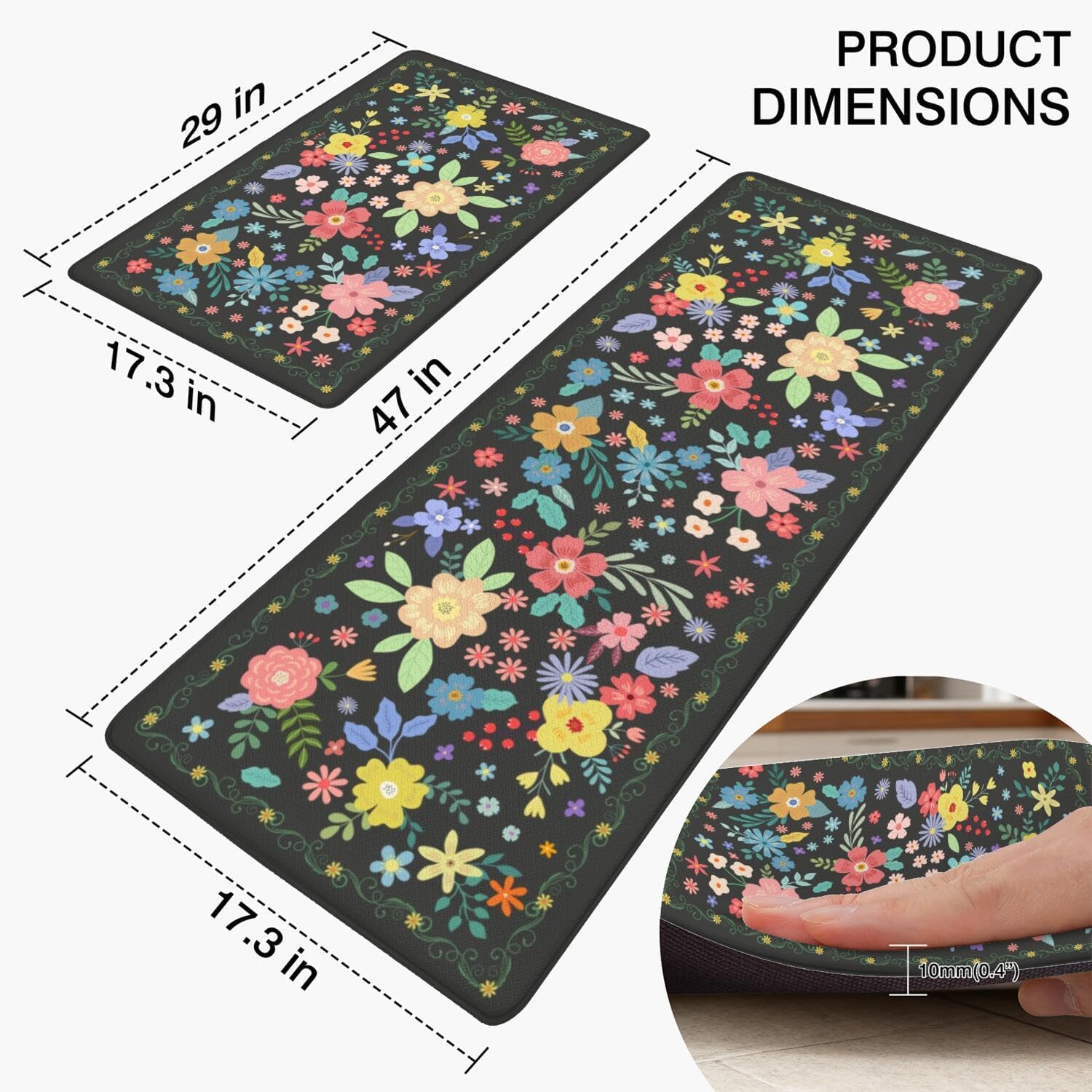 Floral Kitchen Rug Sets of 2 Piece Cushioned Comfort Mat for Home & Office Non Slip Rugs and Mats Anti Fatigue Kitchen Mats for Kitchen Floor Comfort Standing Carpet Runner Rugs17.3 47"+17.3" 30"