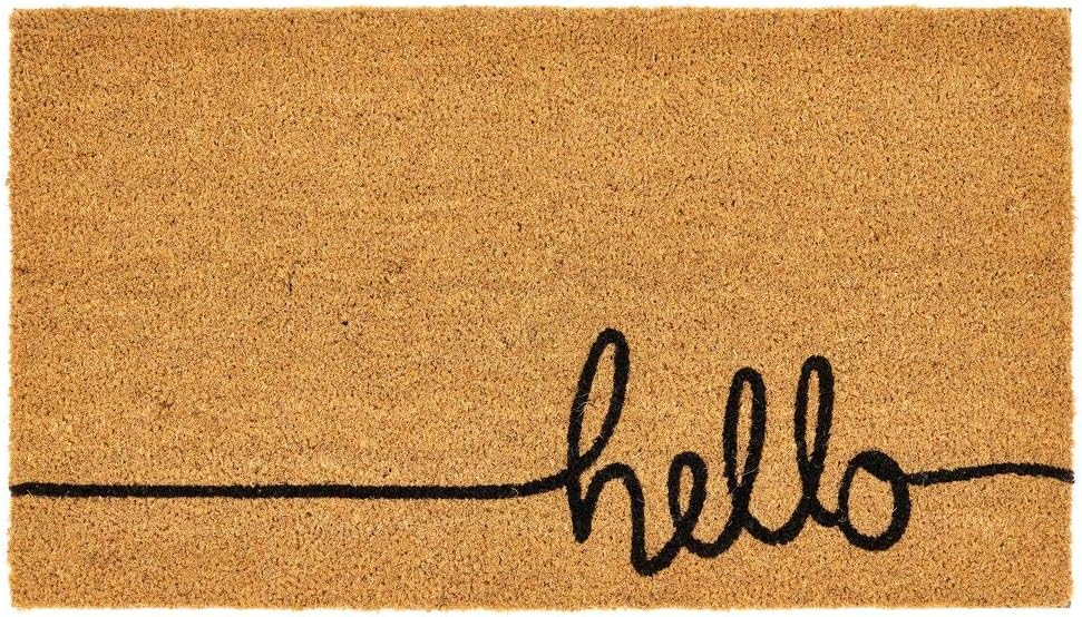 mDesign Rectangular Coir and Rubber Entryway Welcome Doormat with Natural Fibers for Indoor or Outdoor Use - Decorative Script Hello Design - Black/Natural