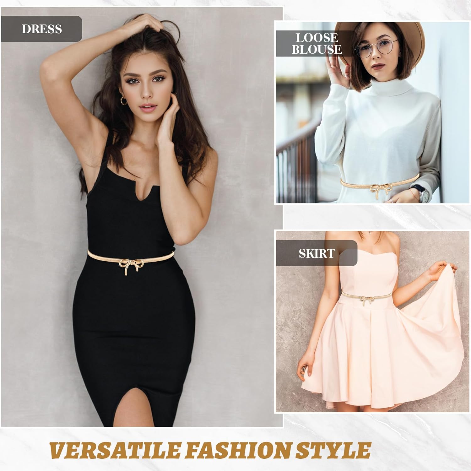 Skinny Metal Waist Belt for Women, Stretchy Belt Elastic Waistband Adjustable Chain Belt with Bowknot for Dress - Image 3