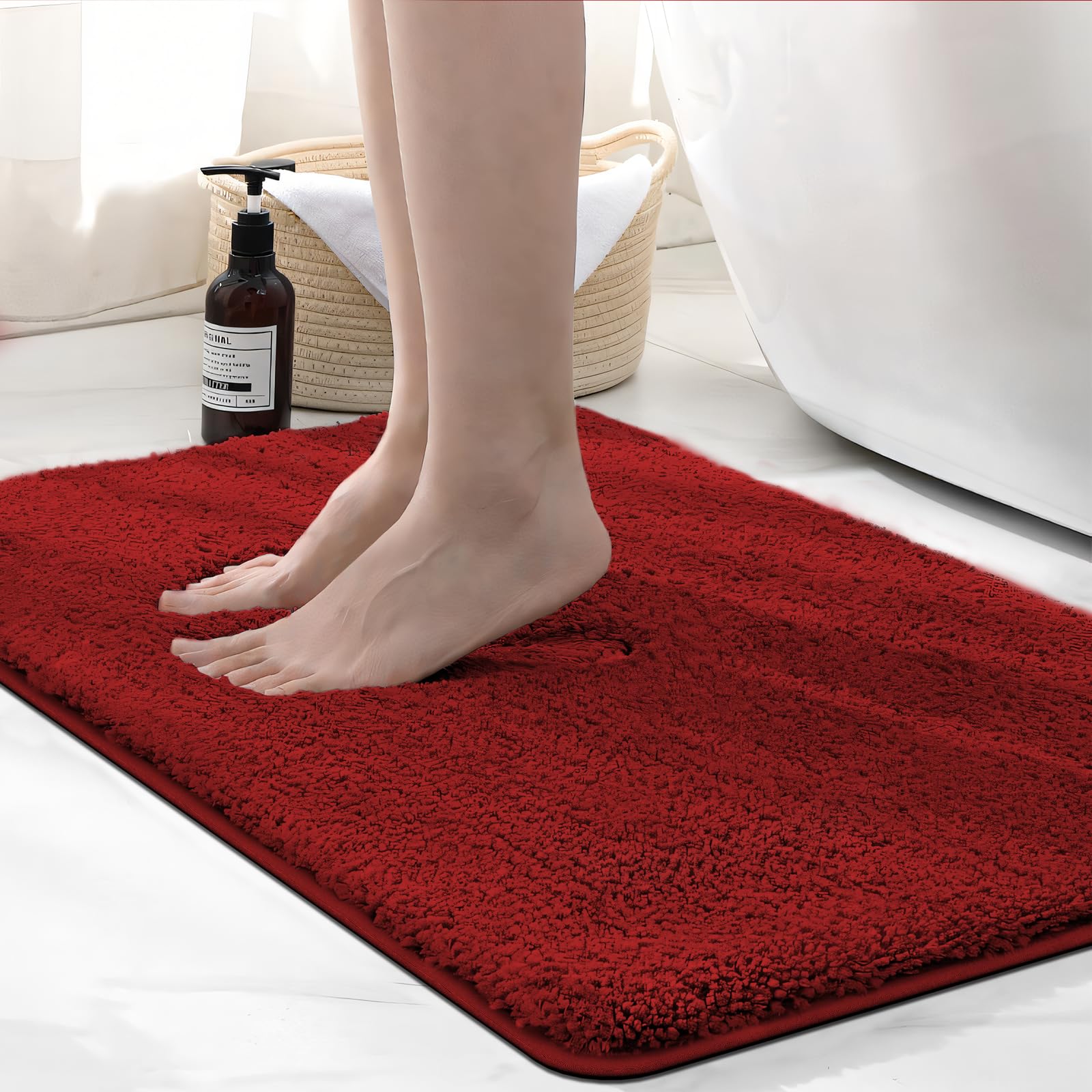 wyewye Microfibre Bath Mat, 2cm Super Thick Bath Rug, Super Absorbent Bathroom Rug 50x80cm Red, 50 x 80 cm