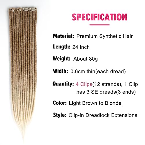 Miniatura 5 de Kyriena Extensiones de rastas con clip, 4 extensiones sintéticas con clip de 24 pulgadas, extensiones sintéticas largas y naturales suaves para