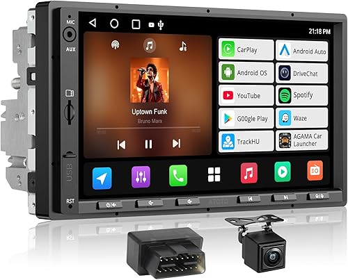 Estéreo y cámara de respaldo para auto de doble DIN Android, CarPlay inalámbrico y Android Auto pantalla táctil de 7 pulgadas, escáner OBD2,
