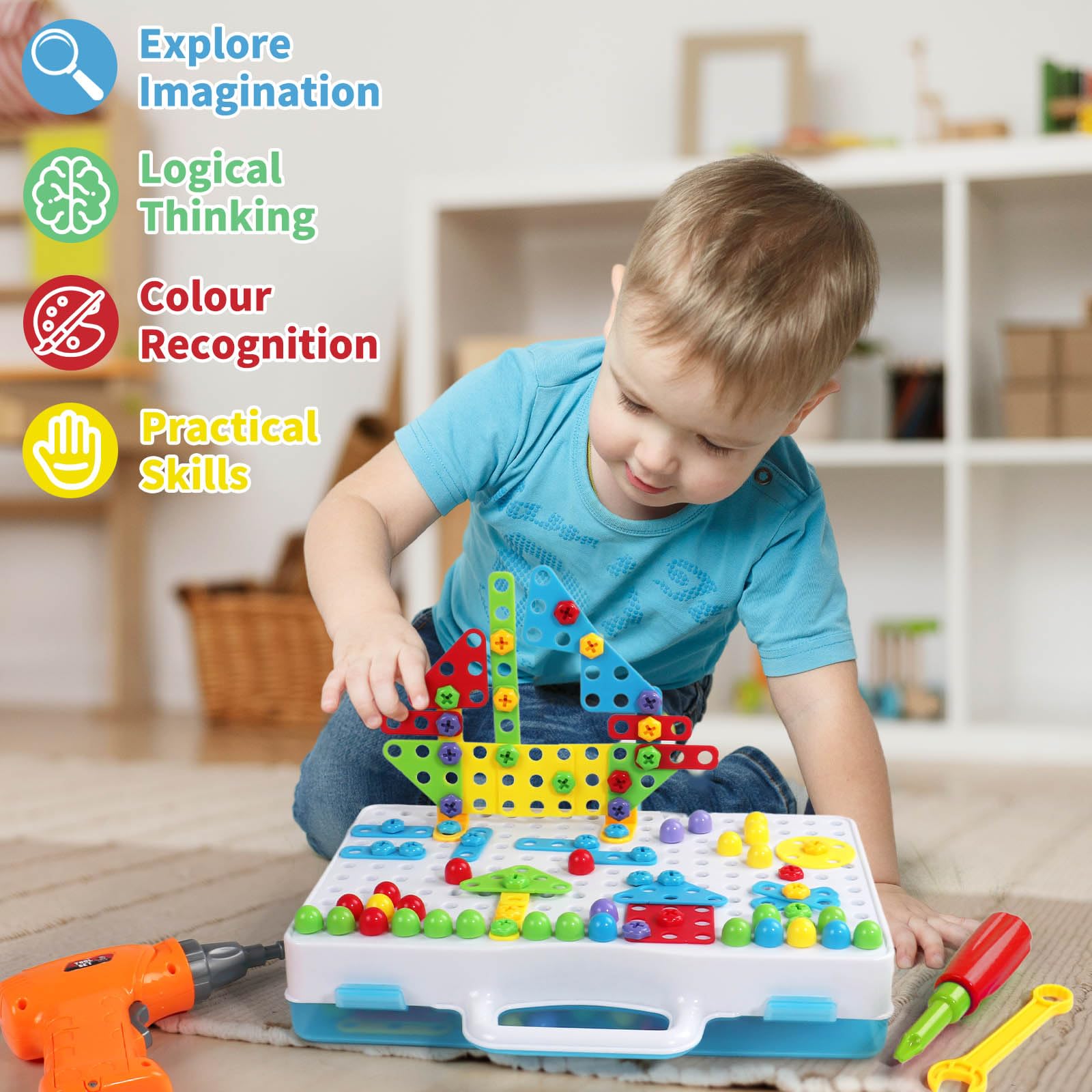 Juguetes Niños 3 Años-Herramientas Juguete Educativos 3 Años Puzzles 3D Construccion Manualidades Niños con Taladro Eléctrico Regalo 3 4 Años Juegos de Mesa 224 PCS
