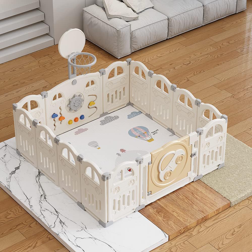 UBRAVOO Parc pour bébé pliable avec mini panier de basket et 50 balles colorées, à thème de voiture pour tout-petits,grand centre d'activités intérieur amusant(14 panneaux,Blanc laiteux)