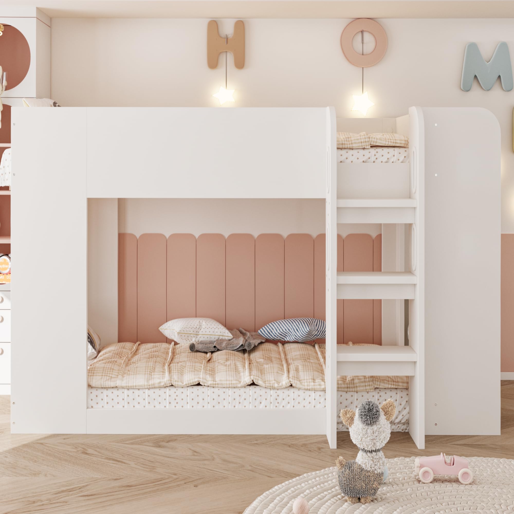 Merax Lit superposé pour enfant 90 x 200 cm avec grille de sécurité, échelle de sécurité, compartiment de rangement à double étages et sous-lit personnalisable - Blanc (sans matelas)