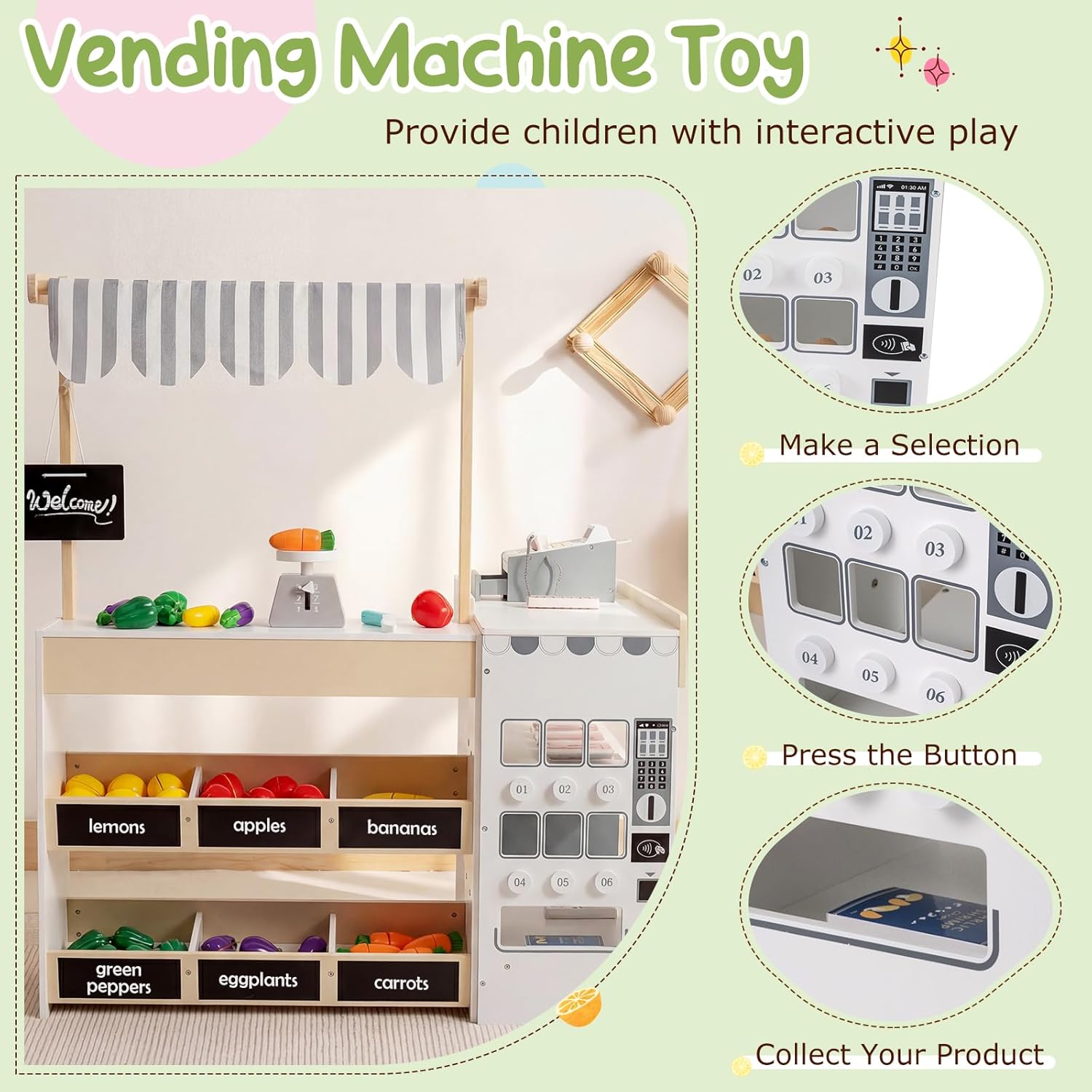 HONEY JOY Kids Grocery Store Playset, Wooden Market Stand Play Store with Canopy & Shopping Cart, Toddler Supermarket Checkout Stand w/Blackboard & Accessories, Grocery Store Pretend Play (Natural)
