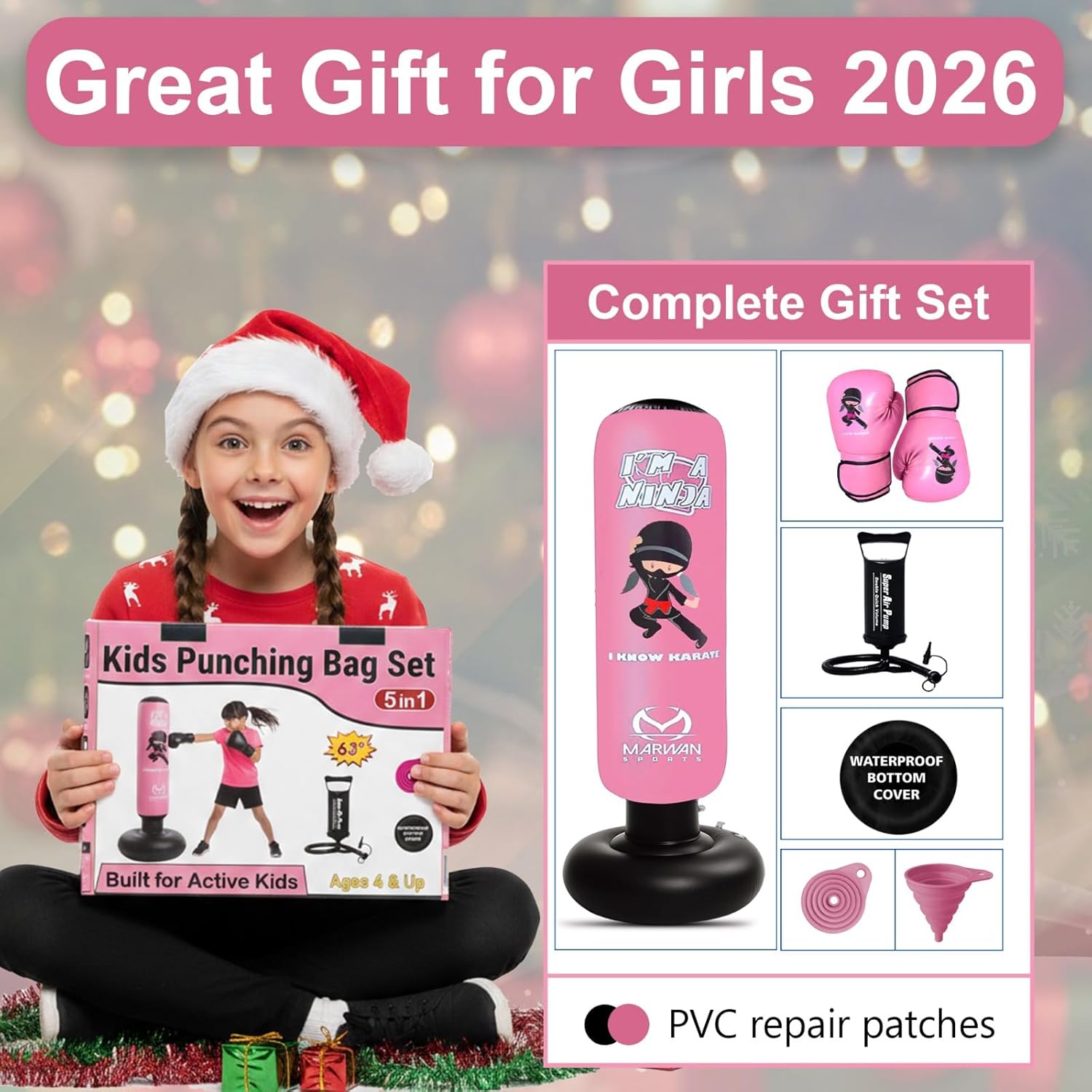 Marwan Sports 5-in-1 Kids Punching Bag Set with Gloves, Pump & Funnel – 63” Inflatable Boxing Bag for Kids 4-12, Durable PVC, Fast Rebound, Waterproof Base Cover with Handles, Gift for Girls (Pink)