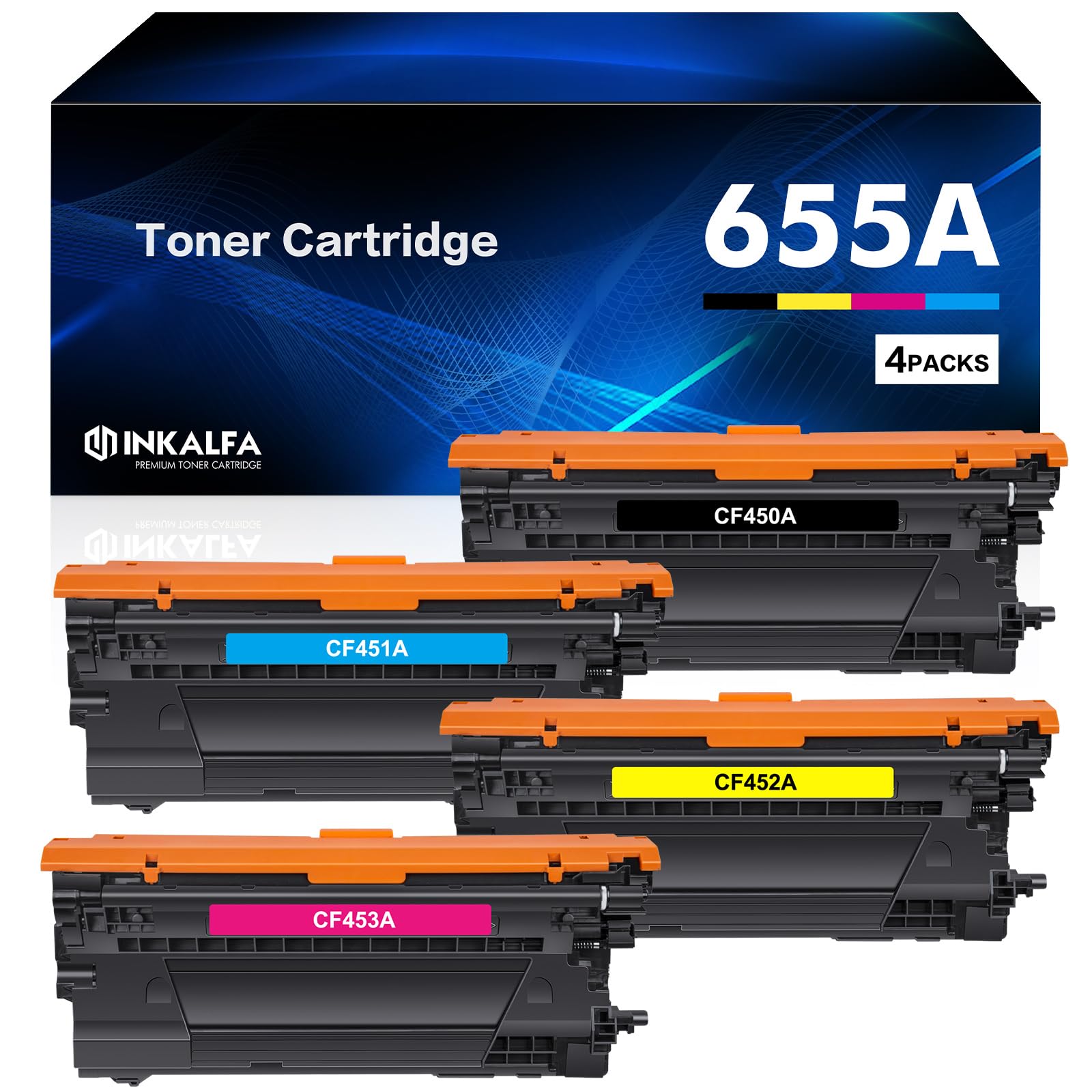 655A Toner Cartridge 4 Pack Compatible Toner Cartridge Replacement for HP 655A CF450A CF451A CF452A CF453A Works for Color Enterprise M652n M652dn M653dn M653x M653dh MFP M681dh M681f M682z