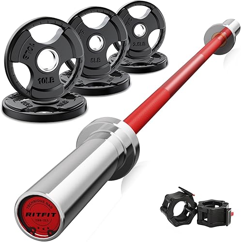 Miniatura 48 de RitFit Barbell Weight Set - 4/6FT Olympic Barbell with Weight Plates (55-115LB Total) - Weightlifting Equipment for Squats, Curls, Deadlifts,
