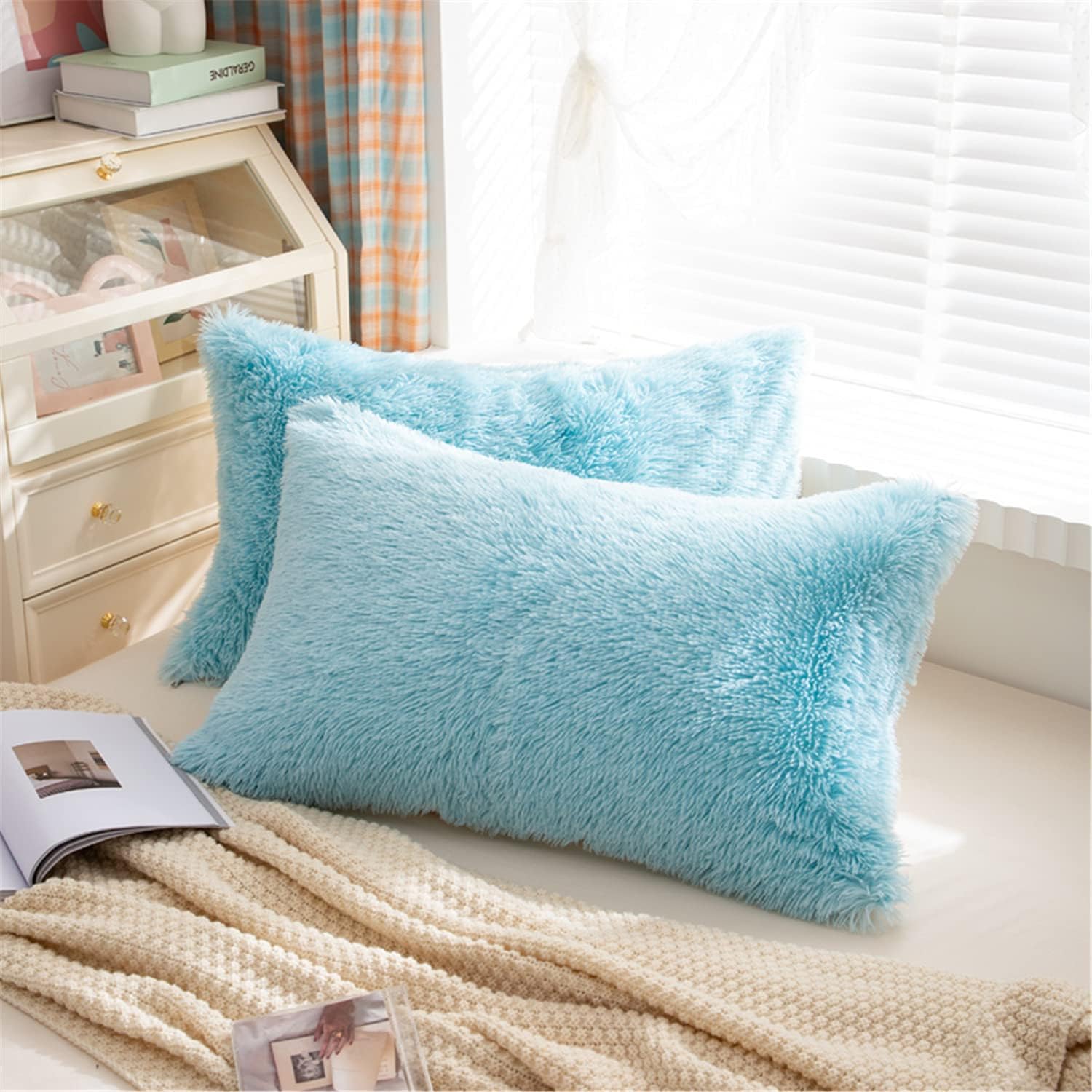 MOOWOO Fluffy Pillowcase Standard Size Set of 2, Faux Fur, Sherpa Shaggy Pillow Cases Decorative Covers with Zipper (Blue)