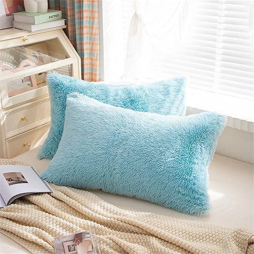 MOOWOO Juego de 2 fundas de almohada mullidas de tamaño estándar, de piel sintética, fundas decorativas de sherpa con cremallera (azul)